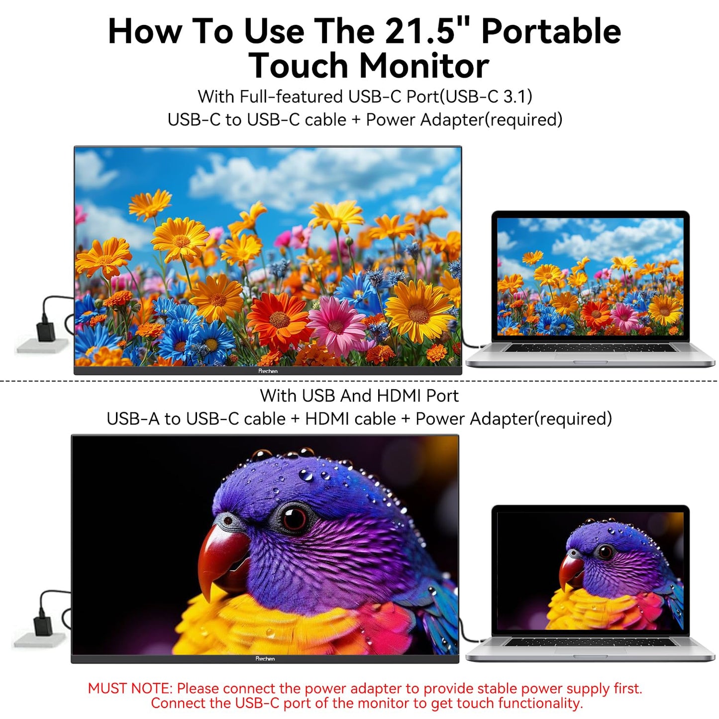 Prechen 21.5 Inch Portable Touchscreen Monitor, 1080P Computer Touch Screen w/VESA Stand Touch PC Display, 75Hz, Multi-Touch Monitor, DC HDMI & USBC for Phones PC Phone Business,Black