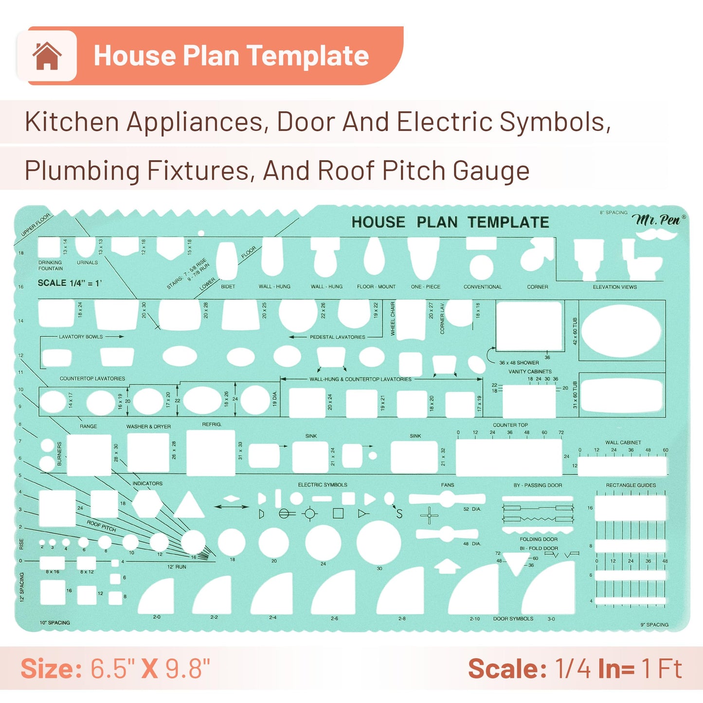 Mr. Pen- House Plan, 3 pcs, Interior Design and Furniture Templates, Clear Flexible Plastic, Drafting Tools, Ruler Shapes for Architecture, 1/4 Inch Scale, Kitchen, Bath, Bedroom, Office, Living Room