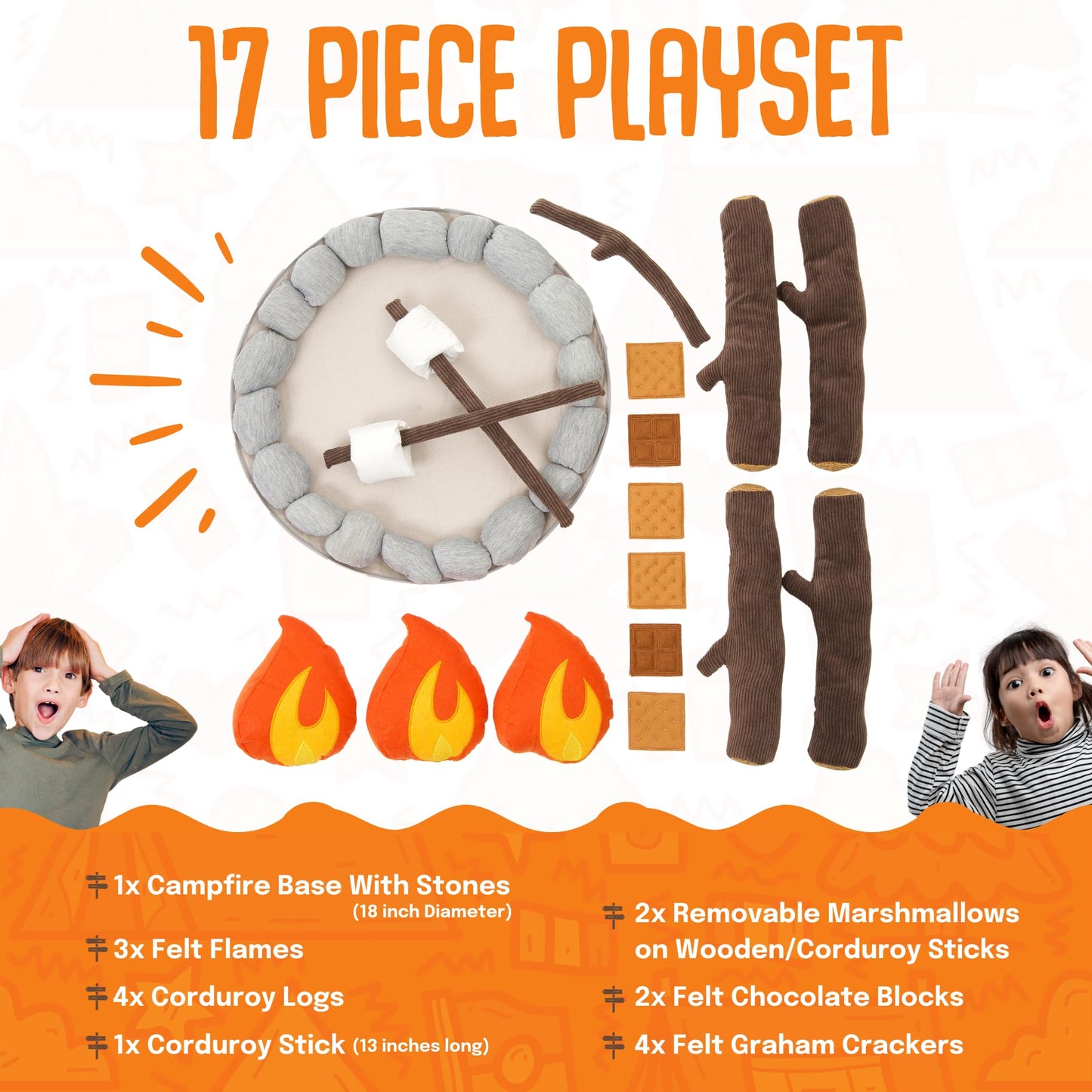 HUNIIHOME Pretend Campfire - Sensory Play Pretend Camping Set for Kids with Plush Fire, Logs and Stones - 17 Pieces - Safe, Soft, Fake Fire Pit - Felt Toy Campfire Playset for Kids