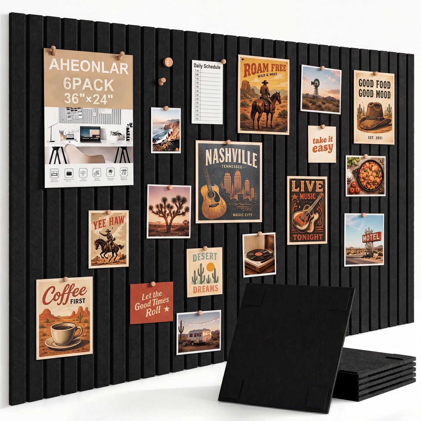 AHEONLAR Felt Bulletin Board 36"x 24", Cork Boards for Walls, 6 Pack Bulletin Board Large Cork Board for Office, Felt Boards with 40 Safe Removable Adhesive Tabs Wall Decor for Home(Black)