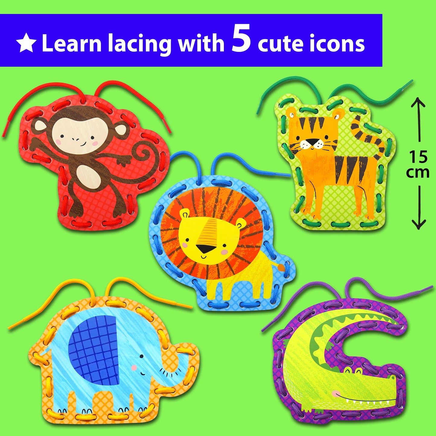 KRAFUN My First Lacing Cards Kit for Toddlers & Kids Age 3+, 5 Safari Animal Arts & Crafts Projects, Fine Motor Skills Toys, Beginner Activity Set with Lion Monkey Elephant Tiger Crocodile
