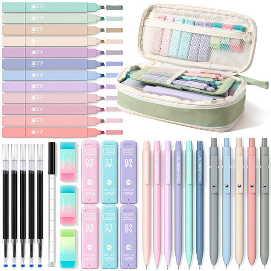 Four Candies 39 PCS Aesthetic Stationery Set with Cute Pen Case, College Supplies and Nursing Student Essentials, 12 Pastel Highlighters, 5 Black Gel Pens, 6 Mechanical Pencils, Green