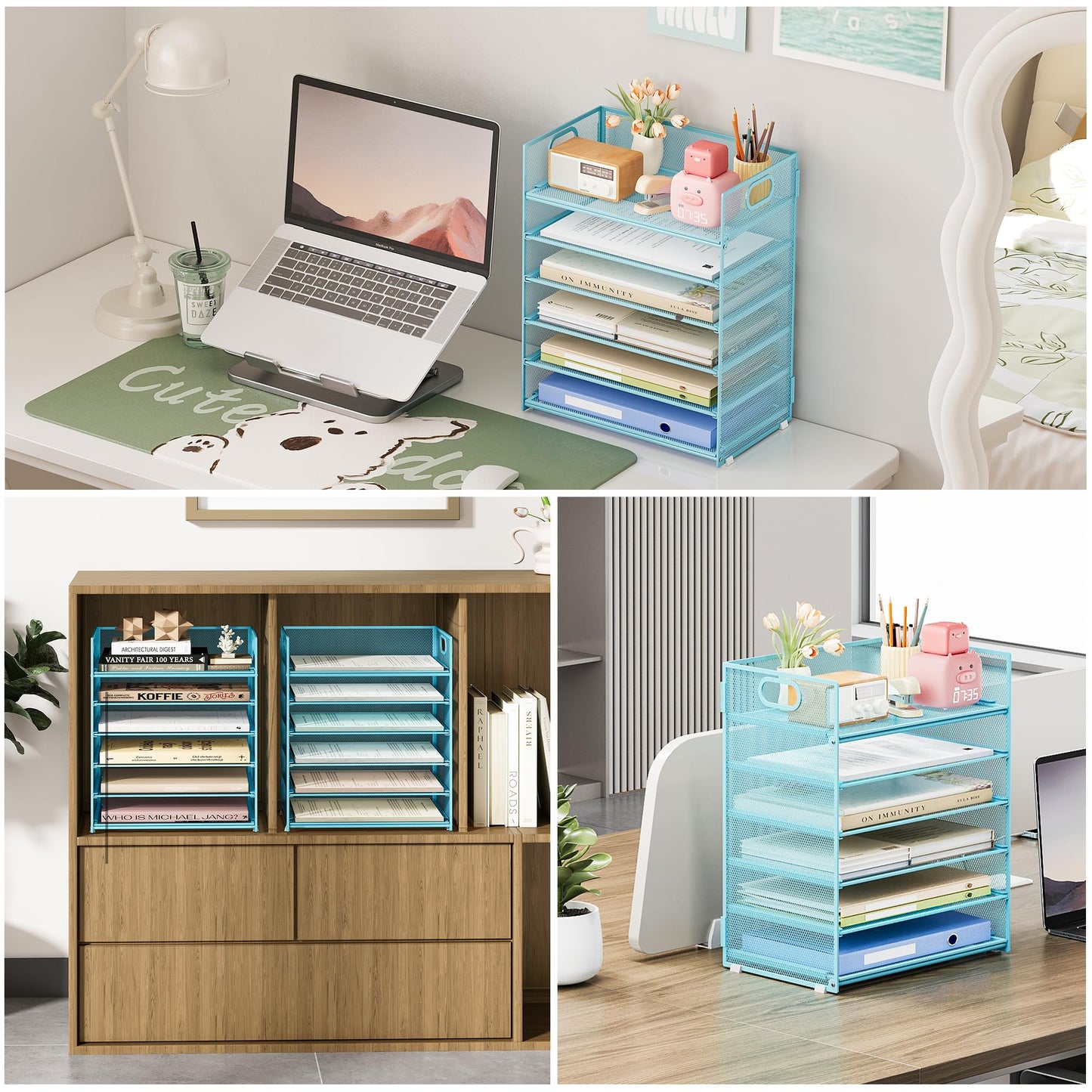 Subekyu 6-Tier Desk Paper Organizer, Desktop File Letter Tray with Handle, Document Sorter and Accessories Holder for Office, Home and School Workspace Organizers, Blue-2 Pack