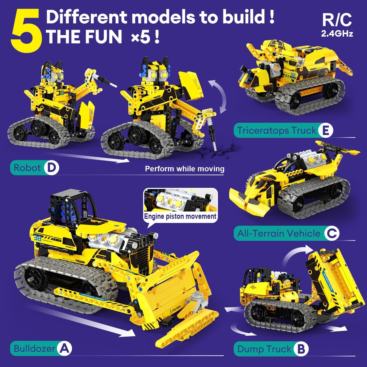 LECPOP 5 in 1 STEM Robot Toy Building Kit, 452 PCS Blocks App & Remote Control Engineering Toys Robotics for Kids Ages 8-12, RC Bulldozer Erector Sets for Boys Girls 6 7 9 10 11 13 14+ Birthday Gifts