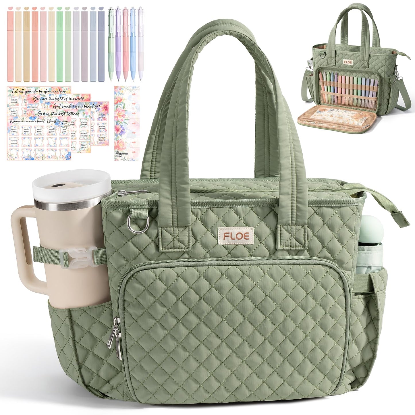 Large Bible Bag for Women Bible Cover Case, Quilted Puffer Bible Tote Bag Church Bag w/Shoulder Strap, Bible Study Supplies Journaling Kit Accessories Pen Tabs, Christmas Christian Gifts for Women Mom