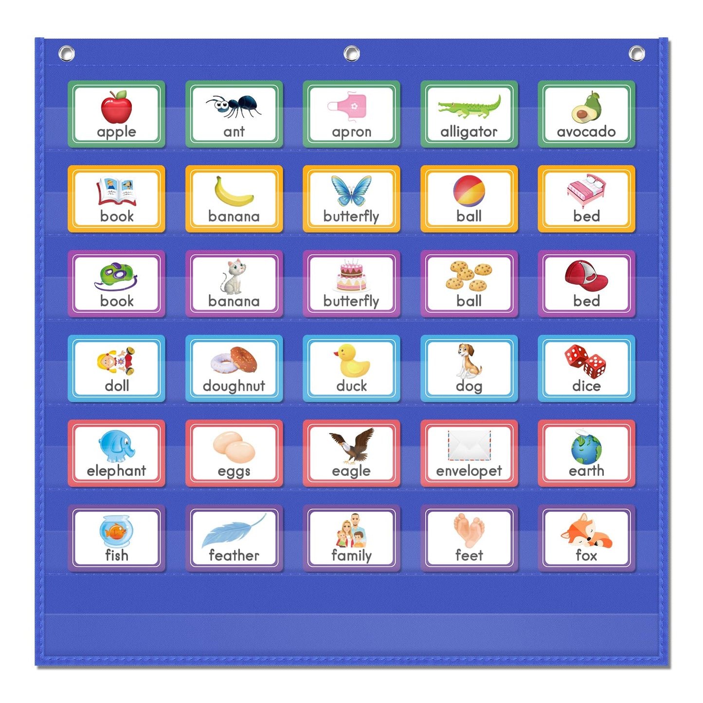 AUVCAS Standard Pocket Chart Clear 7 for Classroom & Home Heavy Duty Hanging Pocket Chart for Word Wall/Letter Cards/Sentence Strips 28Wx28L,Blue