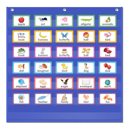 AUVCAS Standard Pocket Chart Clear 7 for Classroom & Home Heavy Duty Hanging Pocket Chart for Word Wall/Letter Cards/Sentence Strips 28Wx28L,Blue