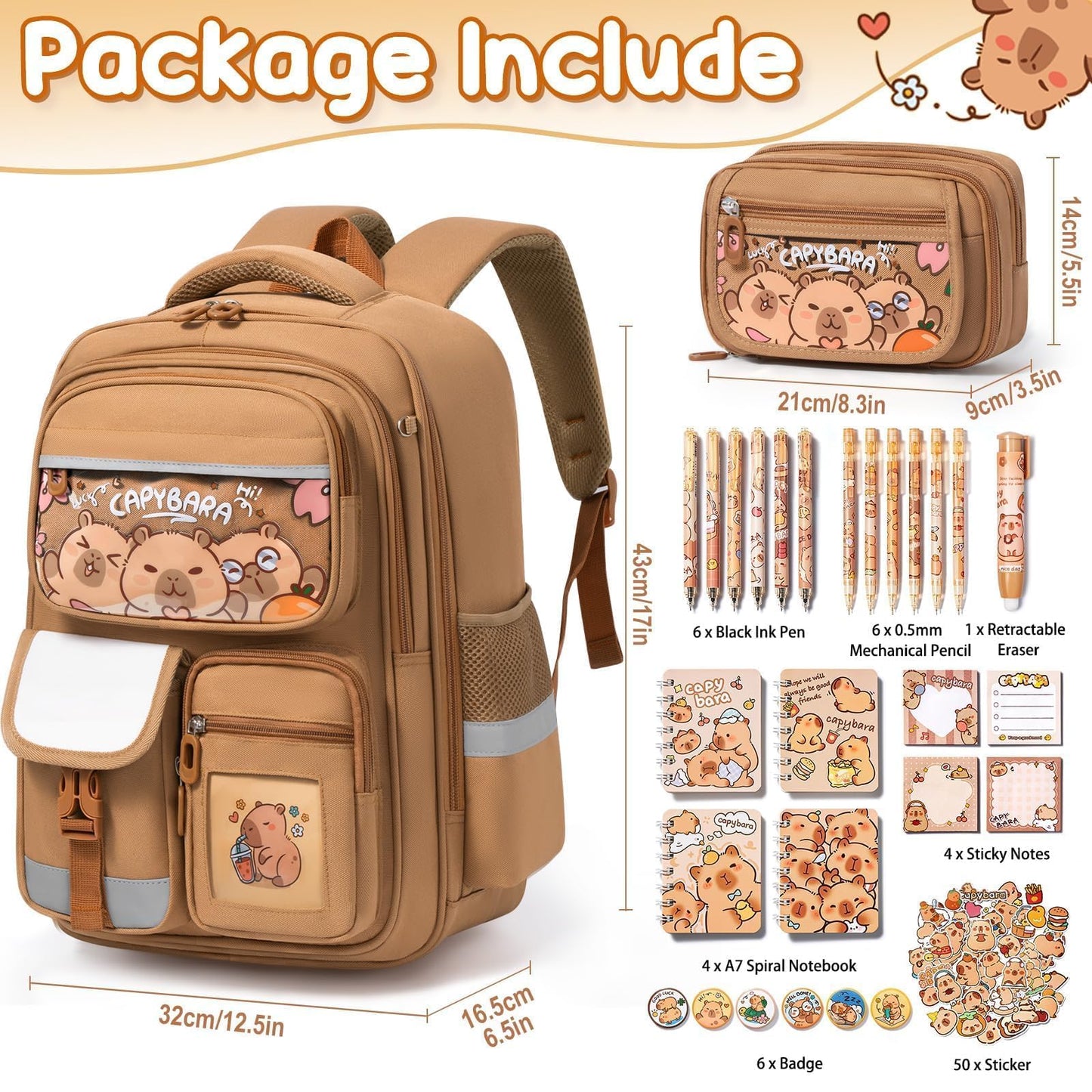 Fimibuke Capybara Backpack for School Girls, 30PCS Capybara Toddler School Supplies Stationery Set with Bookbag Pencil Case Pens Pencils Notebook for Back to School Kindergarten Elementary Student