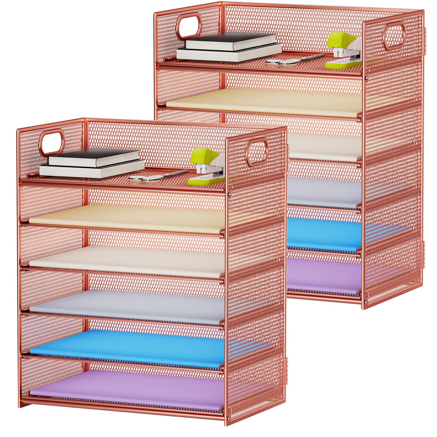 Marbrasse 2 Pack Desk Organizer with Handle, 6 Tier Paper Letter Tray, Mesh Desk File Organizer for Office, School and Home - Rose Gold