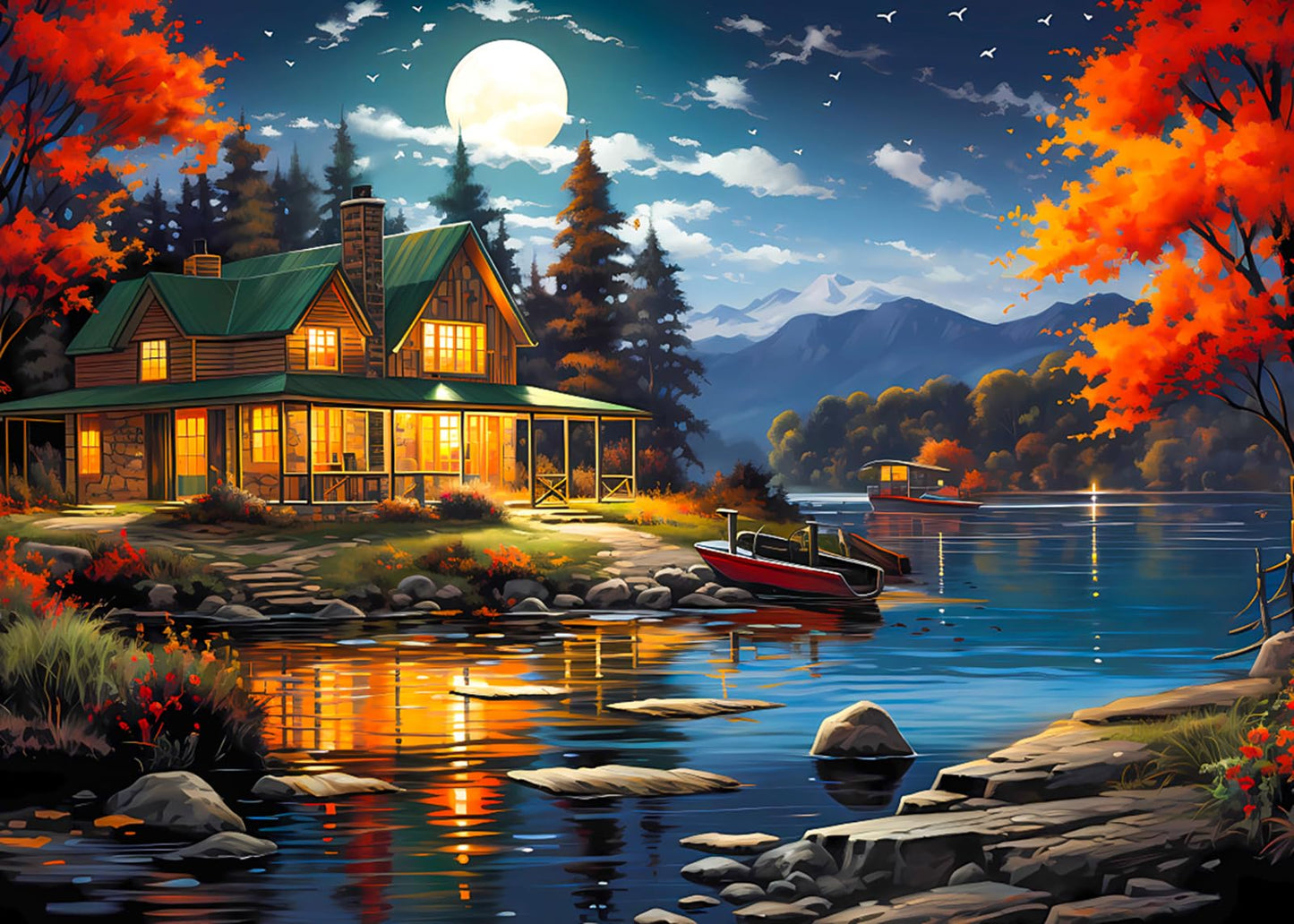 MBOQIU 1000 Piece Puzzle for Adults - Moonlight Cabin Puzzles for Adults 1000 Pieces, Letters on Back, Cozy Lake View Jigsaw Puzzle, Challenging Puzzles for Teens Seniors - 27.6 x 19.7 inches