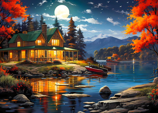 MBOQIU 1000 Piece Puzzle for Adults - Moonlight Cabin Puzzles for Adults 1000 Pieces, Letters on Back, Cozy Lake View Jigsaw Puzzle, Challenging Puzzles for Teens Seniors - 27.6 x 19.7 inches