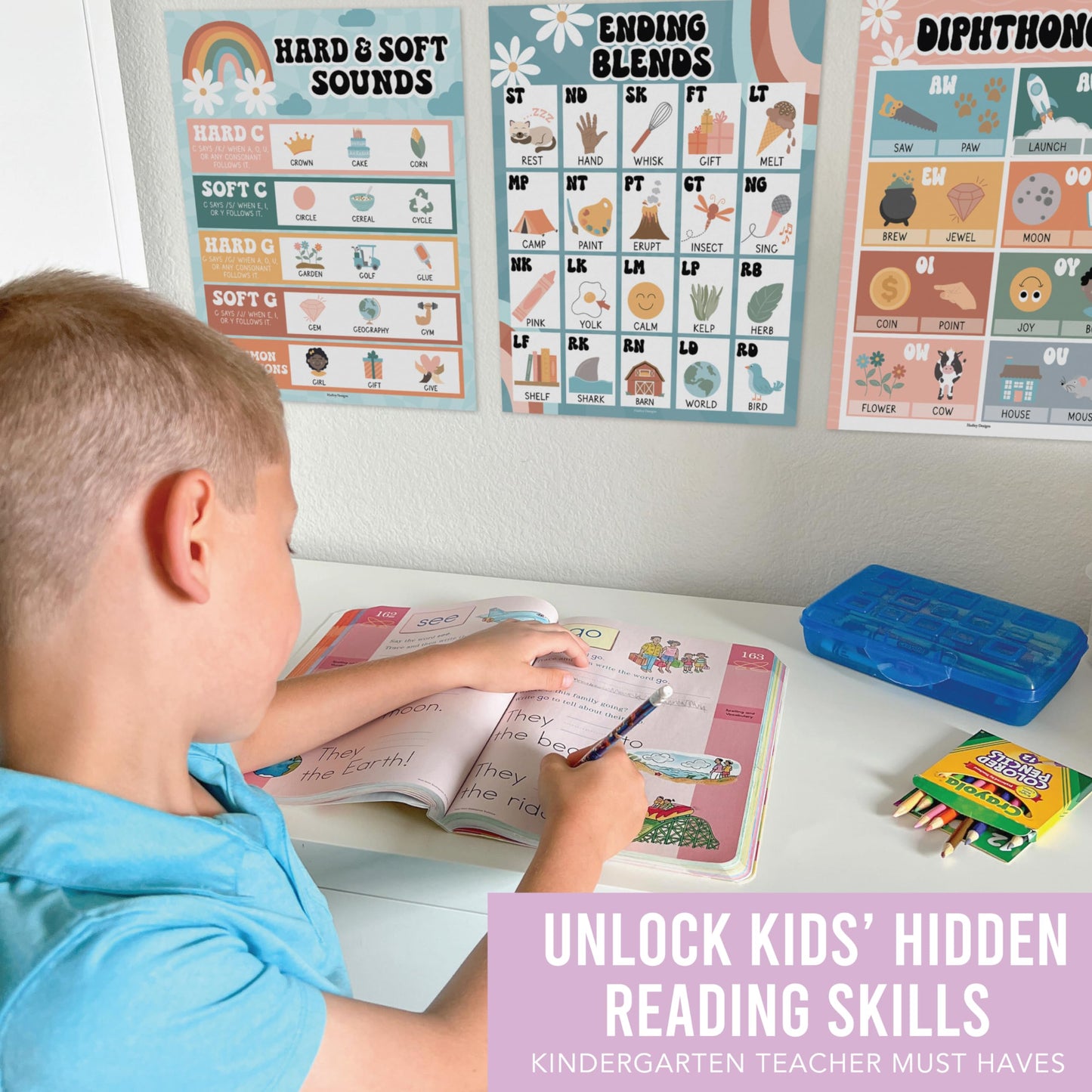 Hadley Designs Phonics Posters for Classroom Must Haves - 9 Sound Wall for Kindergarten & Elementary Teacher Supplies, Syllable, Vowels, Digraphs & Blends Bulletin Board Set, Retro Classrom Decor