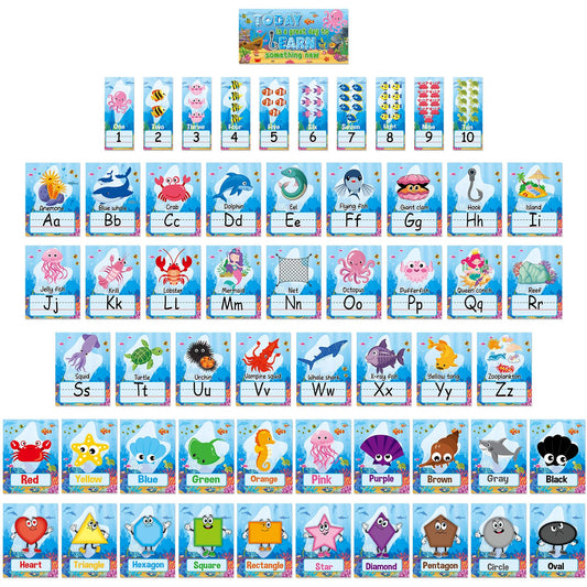 QOUBAI 57Pcs Under the Sea Alphabet Number Bulletin Board Set Ocean Letters Number Colors Shapes Poster Back to School Wall Educational Learning Card for Teacher Preschool Kindergarten Classroom Decor