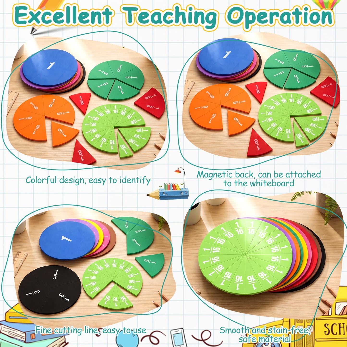 Sayglossy Jumbo Magnetic Fraction Circles Set for Rainbow Teacher Math Manipulatives for Learning Large Education Visuals Fraction Games Supplies 8 Inches Diameter