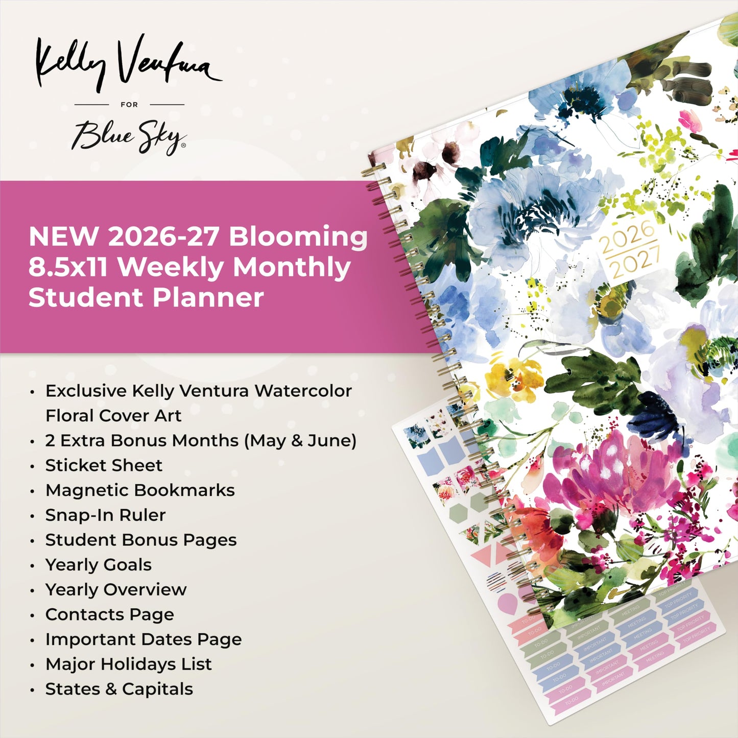 Blue Sky Kelly Ventura 2026-2027 Weekly and Monthly Academic Year Student Planning Calendar, July 2026 - June 2027, 8.5" x 11", Flexible Cover, Wirebound, Laminated Tabs, Storage Pocket, Magnetic & Snap In Book Marks, Includes Stickers, Blooming