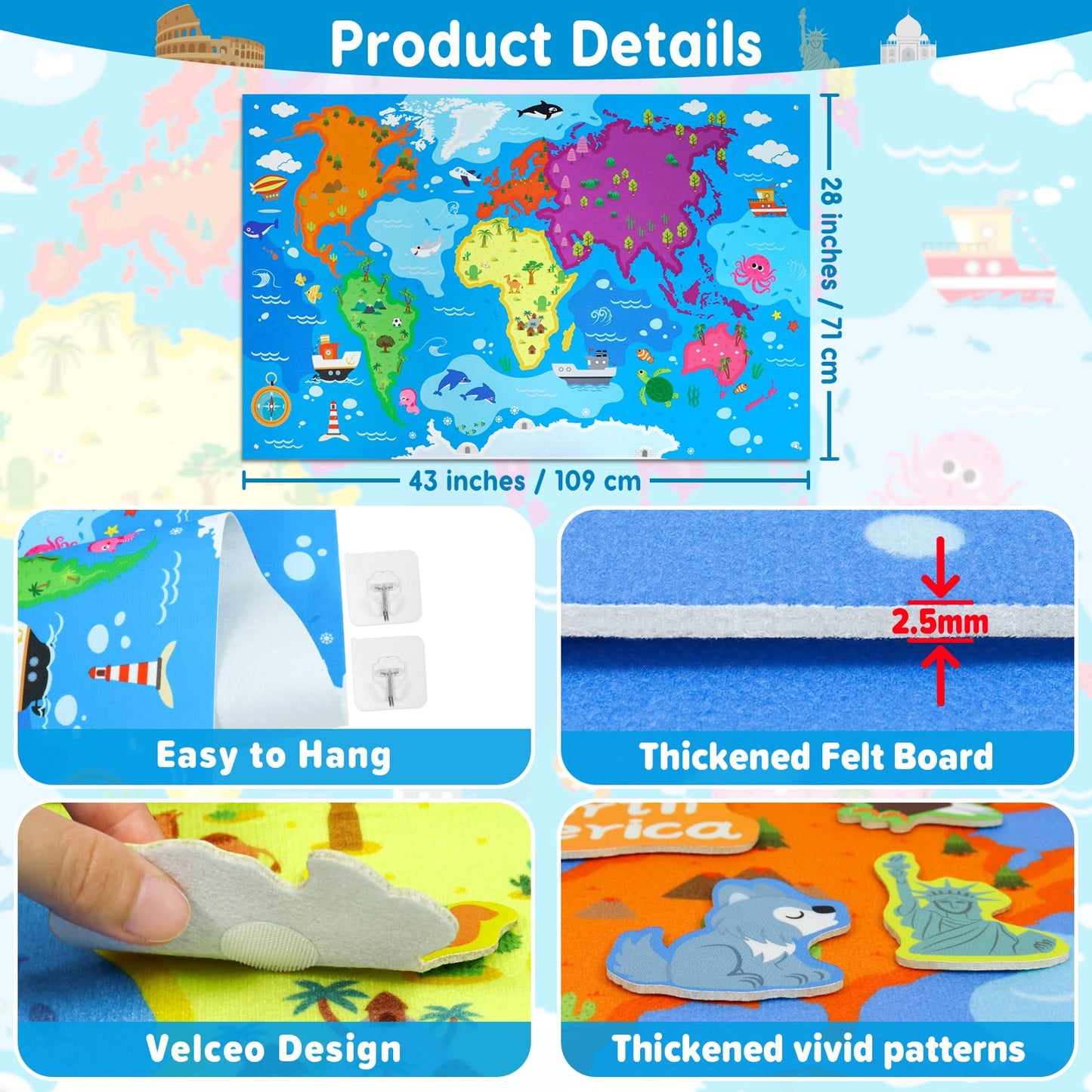 Taika World Felt Set, Felt World Map with World Famous Sights, Educational Play Mat Flannel Board Set, 43x28 inch Preschool Learning Flannel Board for 4+