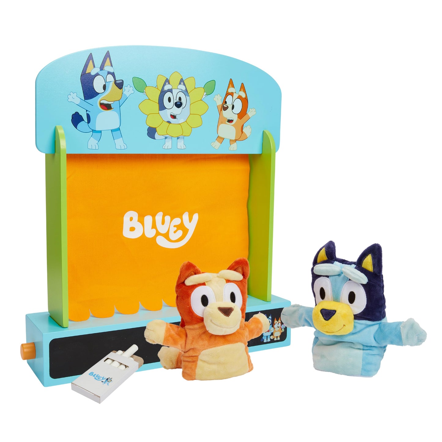 Bluey Wooden Puppet Theater for Kids Playset, 20" Kids Pretend Stage Puppets, Interchangeable Fabric Backdrops & Roll-Down Curtain