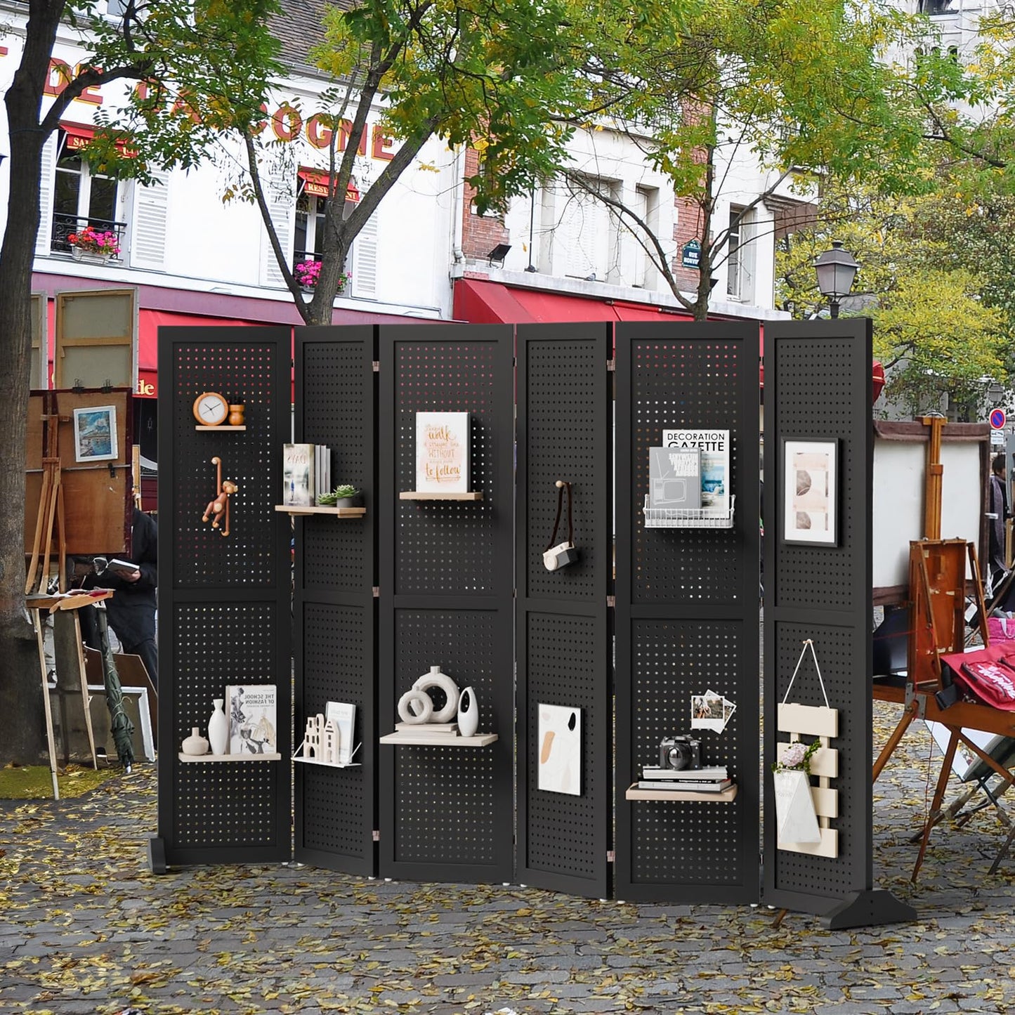 Bonnlo 4/6 Panel Pegboard Freestanding, 5 FT Portable Display Board Organizer for Craft Show Jewelry, Wooden Folding Privacy Screen Room Divider (Black, 6 Panel with Base)