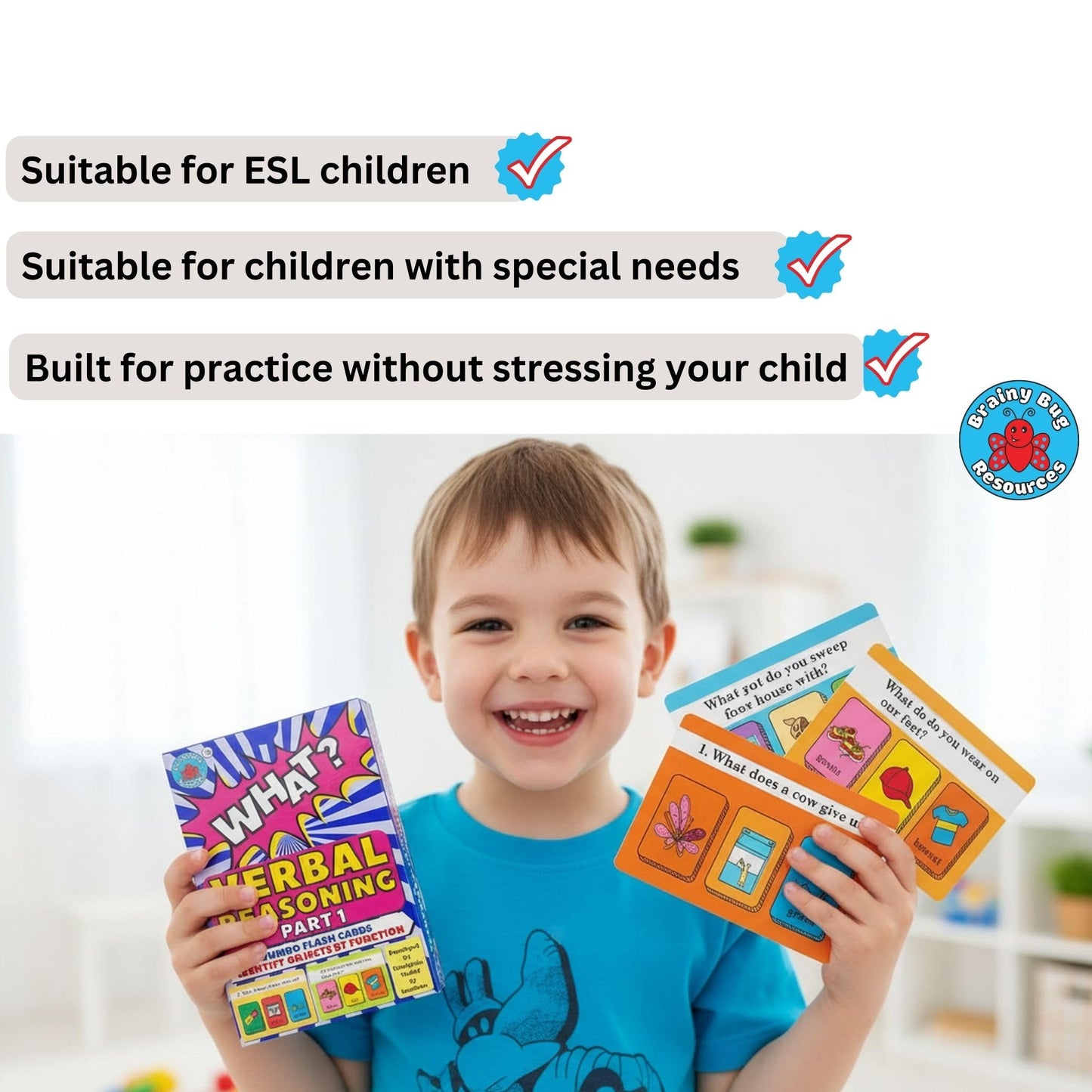 Brainy Bug Verbal Reasoning Flashcards | English Question & Answer Cards | 60 Questions | Two Levels of Difficulty | ESL | Special Needs | Home Schooling