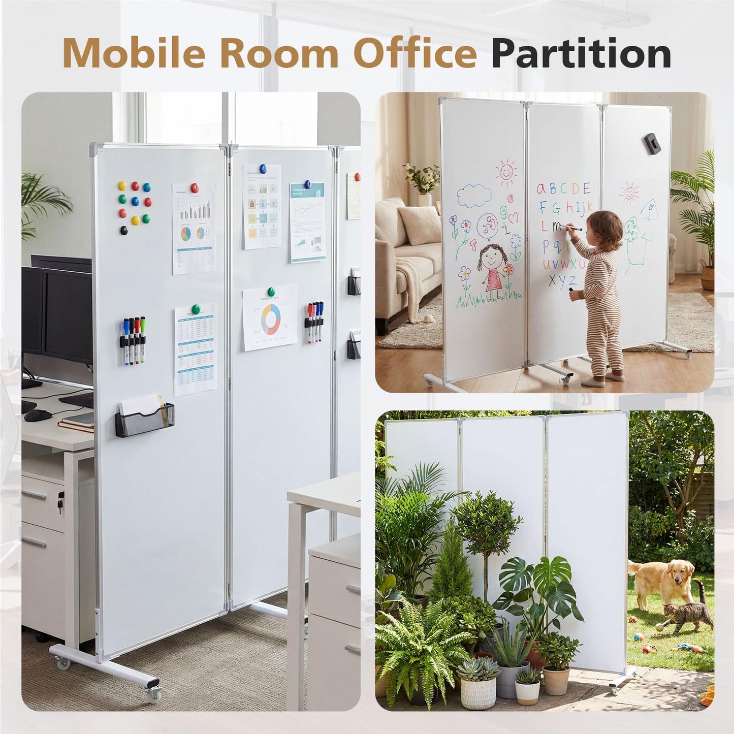 AmazingSpark 3-Section Mobile Magnetic Whiteboard Room Dividers Portable Dry Erase Board Partition with Stand and Wheels for Classrooms Offices, 72 H x 24 W