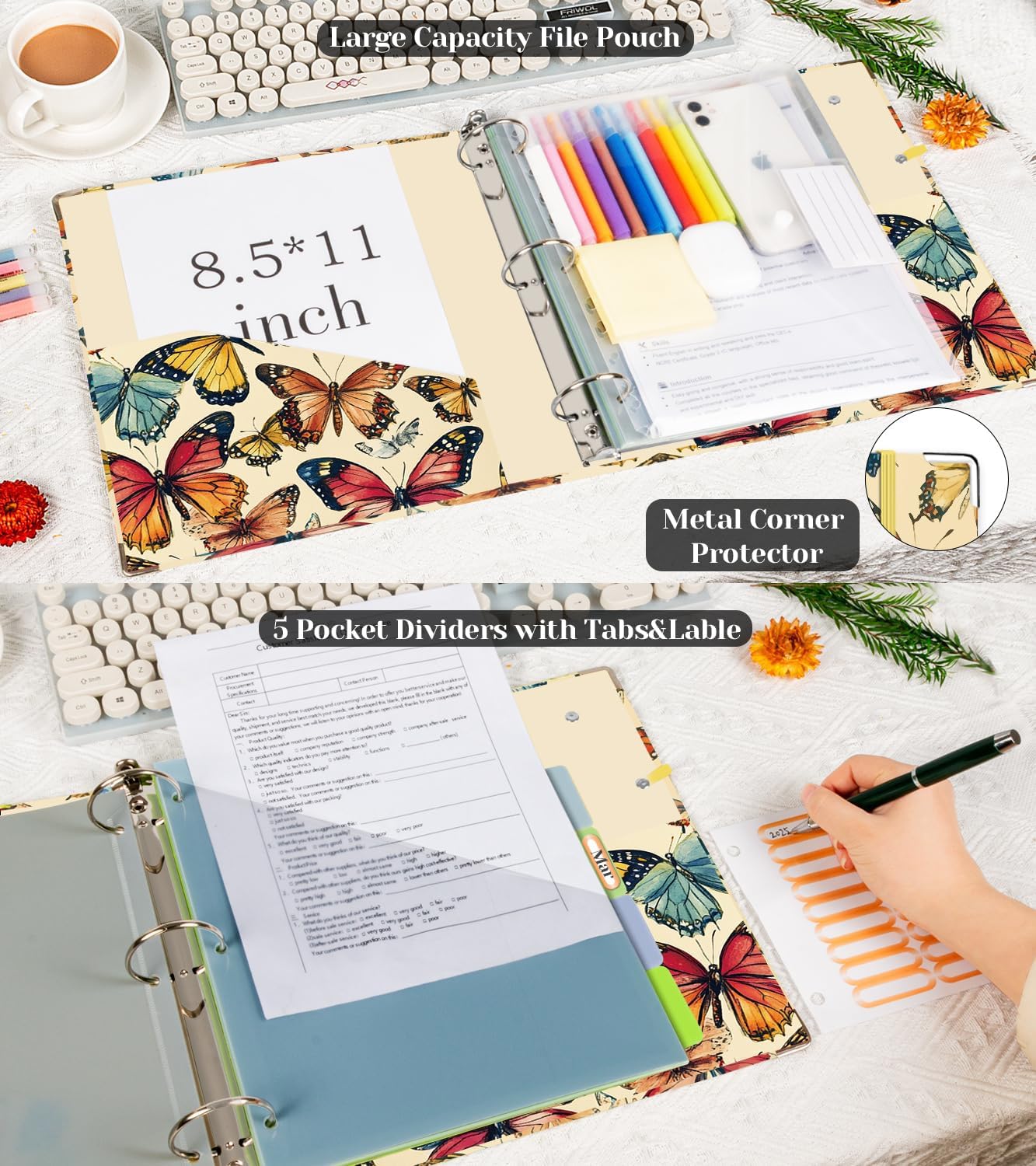 3 Ring Binder 2 Inch for 8.5"x11" Paper, Three Ring Binders with Clipboard, 5 Dividers with Tabs and Pockets, Decorative Binder with Pen Holder,Butterfly