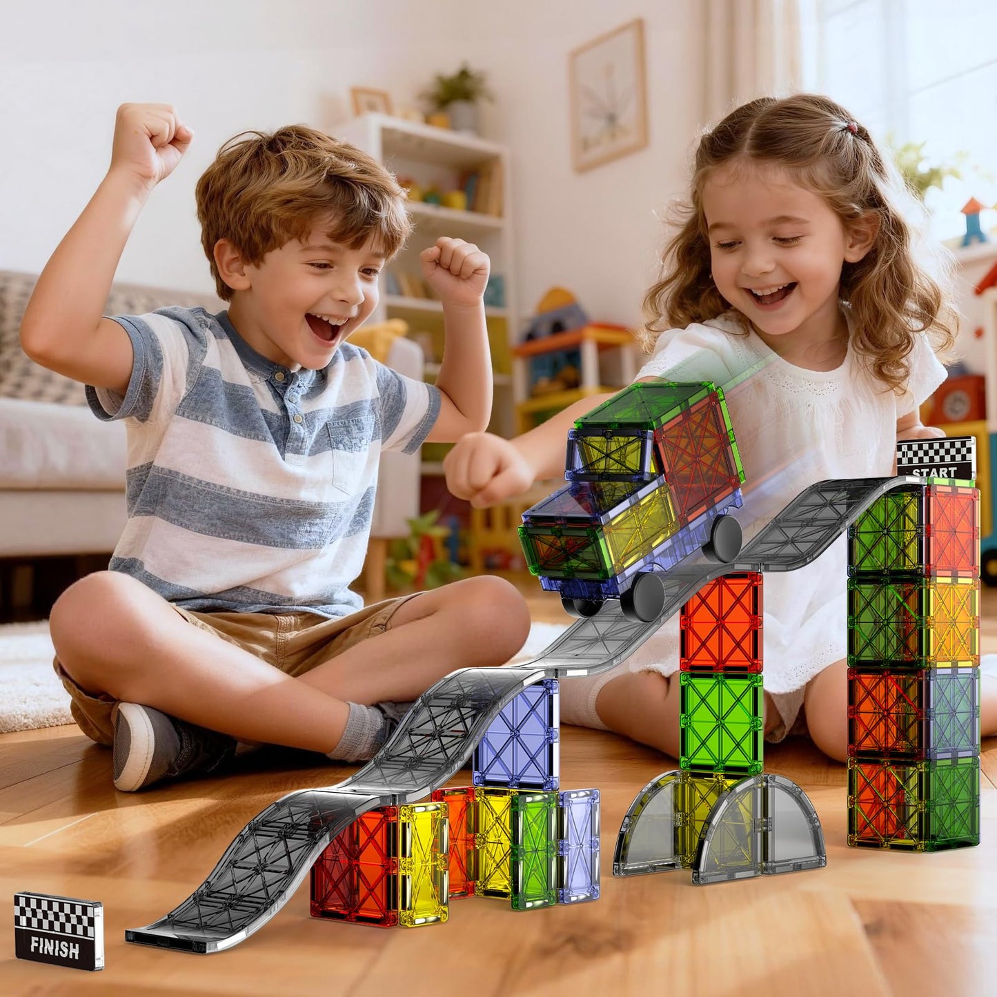 MEIQ Magnetic Downhill Racer Set 40-Piece with Car & Tracks, STEM Magnetic Tiles Building Toys for Kids Ages 3-8, Montessori Learning Toys with Reinforced Slopes & Loop Pieces