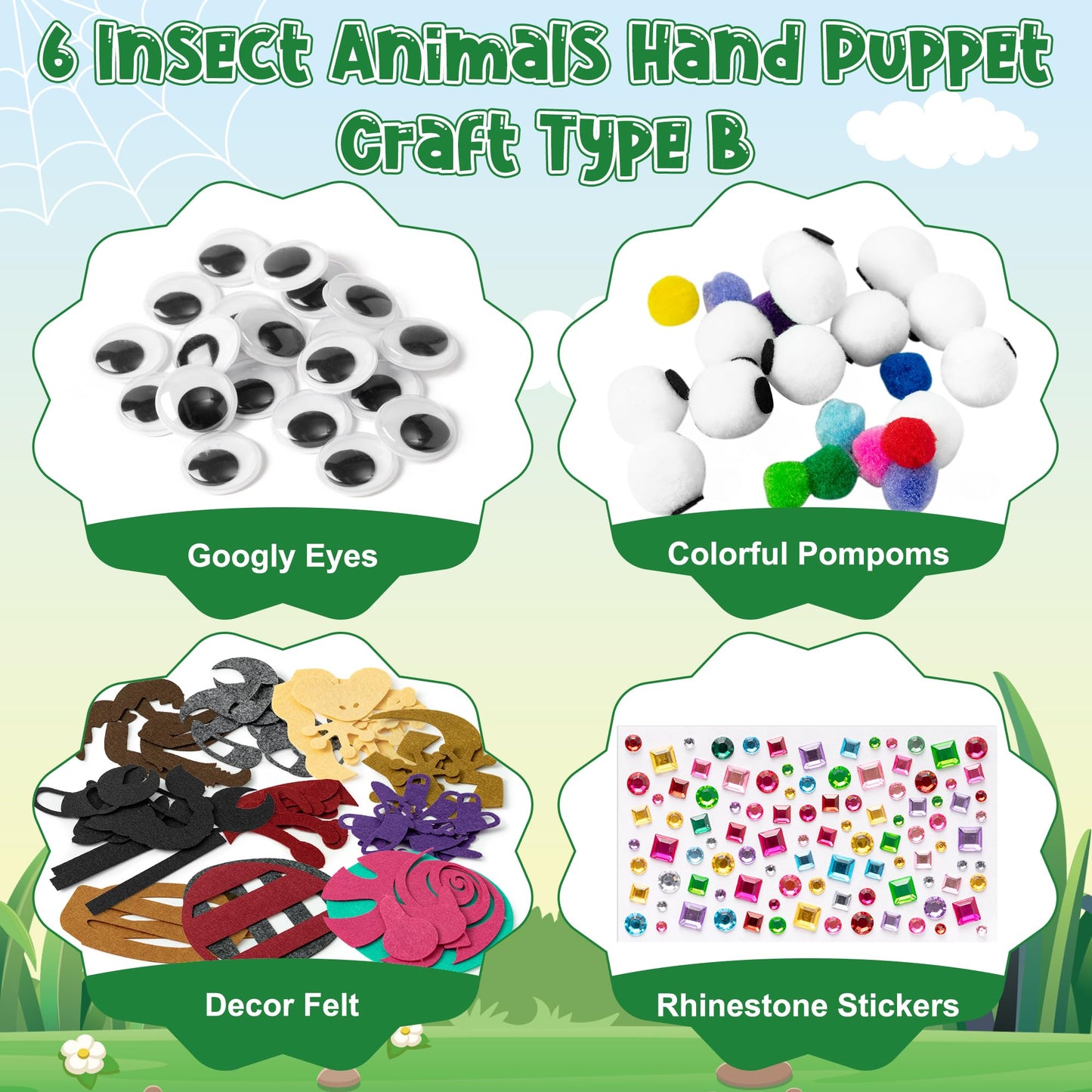 WATINC 6Pcs Hand Puppet Making Kit, Art Craft Felt Sock Puppet Toys, Creative DIY Make Your Own Pompoms Wiggle Googly Eyes Storytelling Role Play Party Supplies Gift for Girls Boys (Insect Animals B)