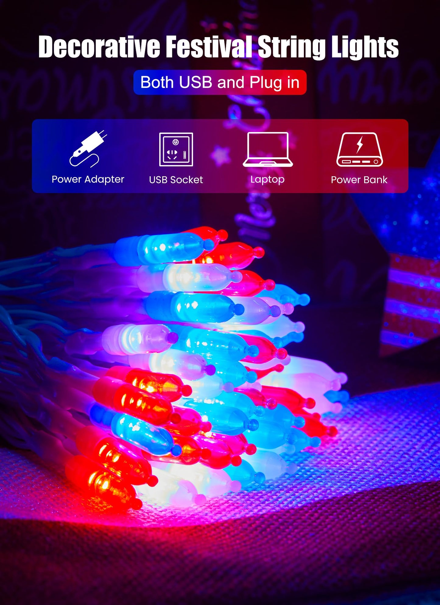 Minetom 200 LED String Lights with Remote, Waterproof, Red White Blue, Indoor/Outdoor, Model DMO-S-100