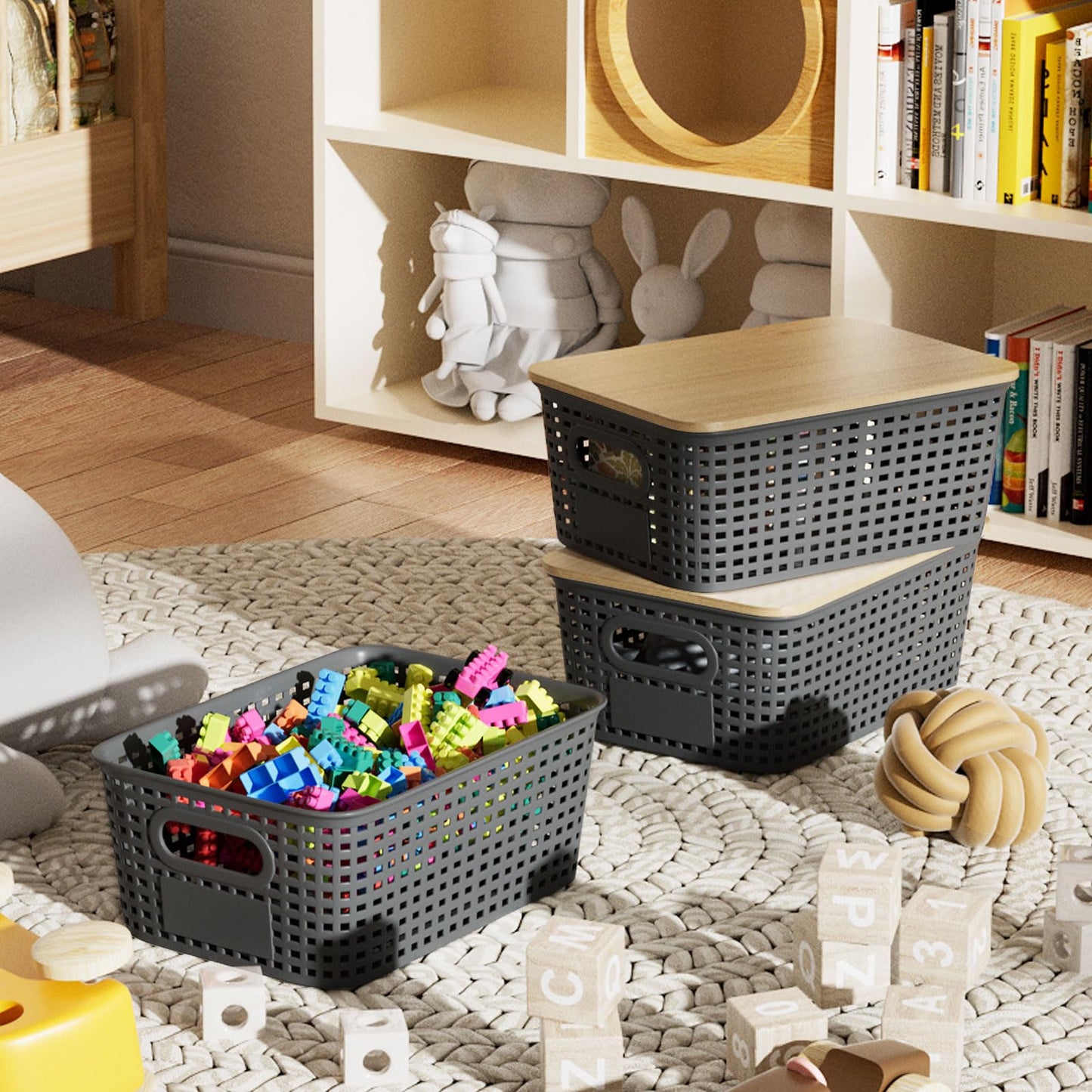 6Pcs Storage Bins with Lids, Stackable Plastic Storage Basket with Bamboo Lid, Pantry Organizer Box Small Containers for Organizing Shelves Drawer Desktop Closet Cabinet Office Classroom 10x7.1x4.1in