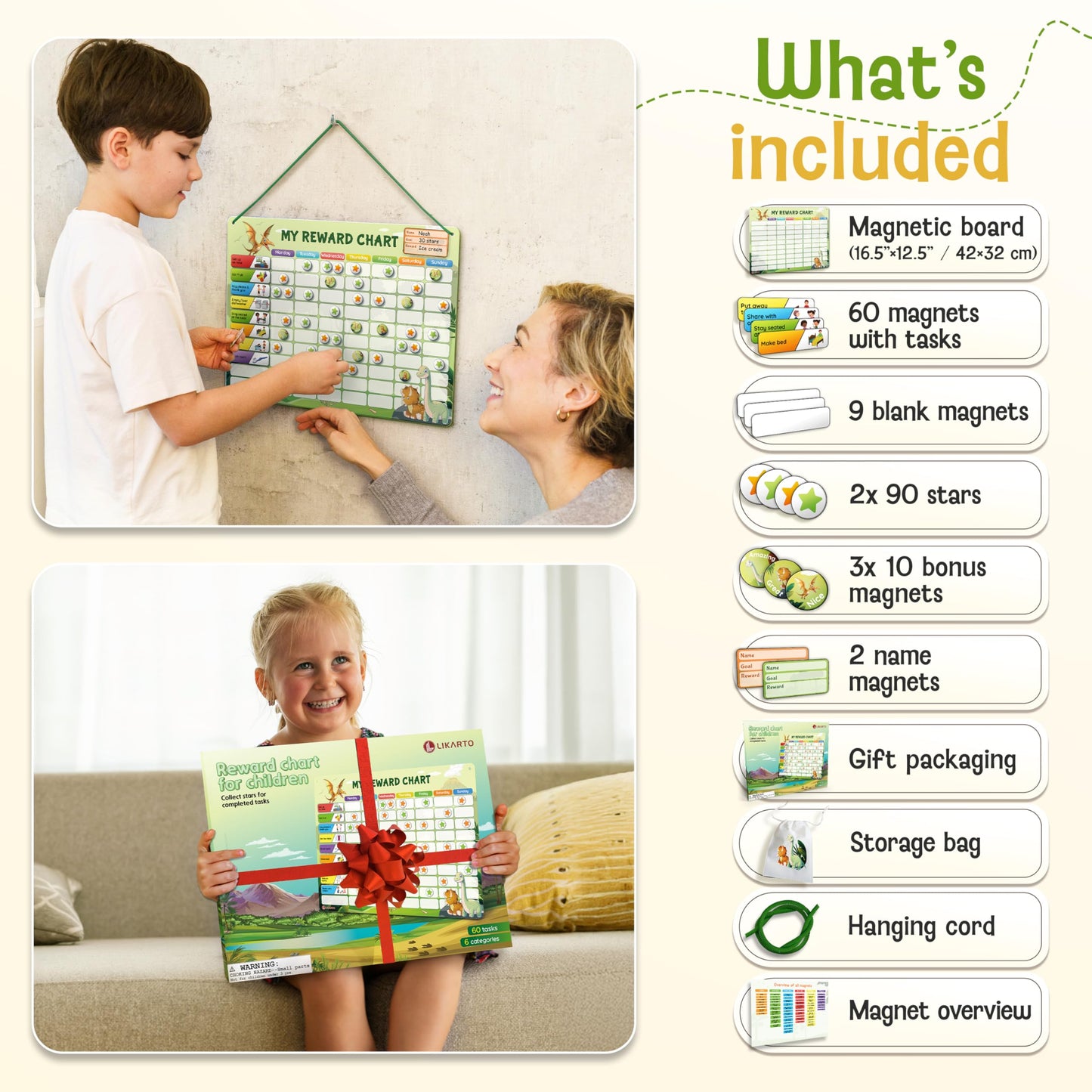 LIKARTO Magnetic Reward Chart for Kids with 280 Magnets - Behavior Chart for Kids at Home - Responsibility Reward Chart - Chore Chart - Visual Schedule - Ideal for Ages 3-9, Autism, ADHD - Green