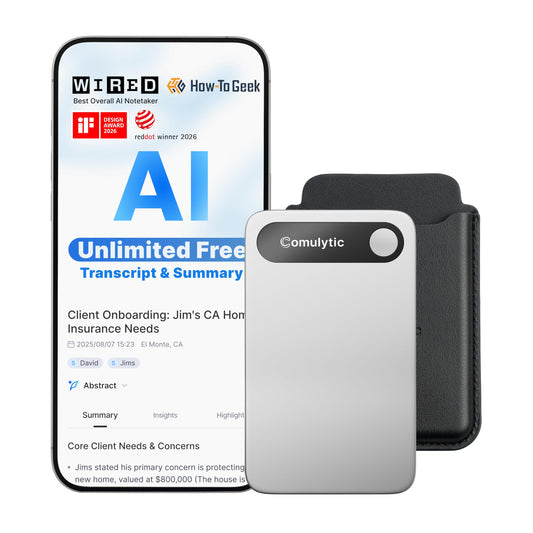 Comulytic Note Pro AI Voice Recorder, Unlimited Transcribe & Summarize, AI Note Taking Recording Device w/Case, App Control, 113 Languages for Calls, Meetings, Lectures, Interviews, Silver
