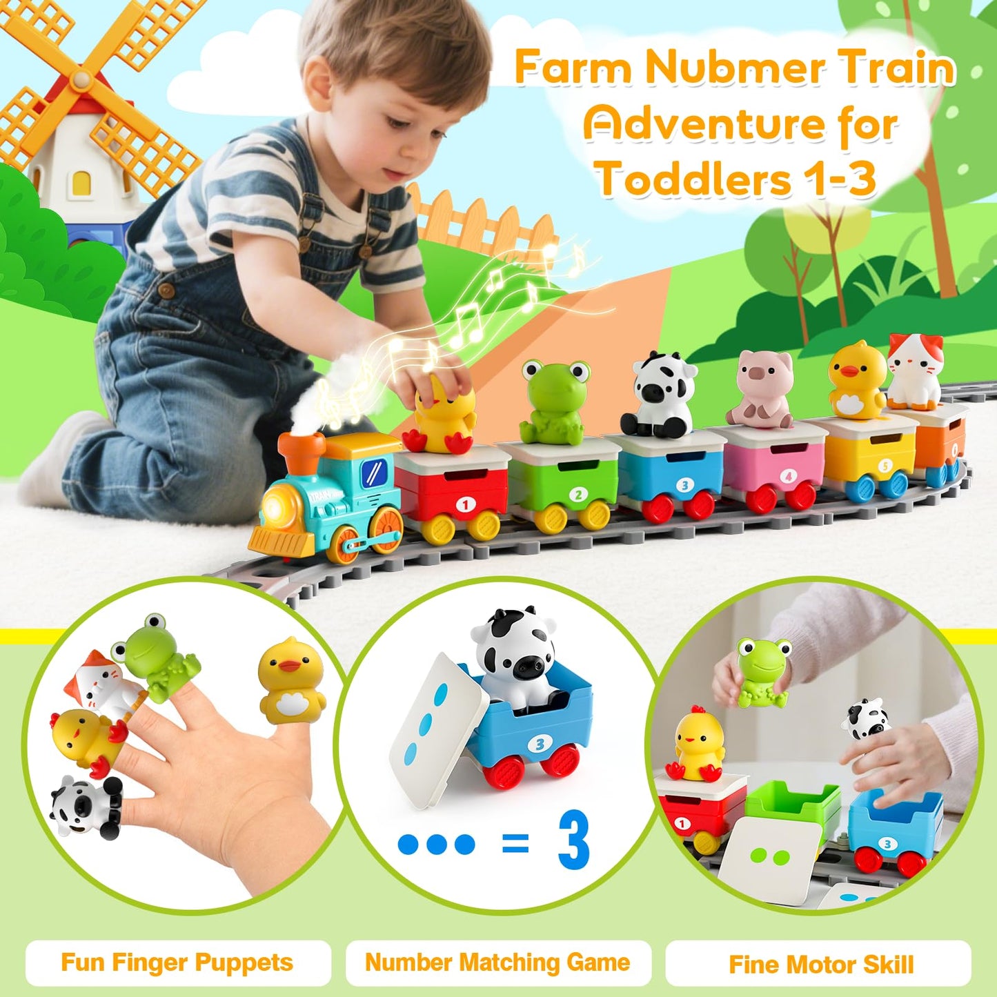 Toddler Toys for 1 2 3 Year Old, Electric Farm Animal Train Set with Music, Lights & Steam, Montessori Counting, Matching & Sorting Learning Toys, Christmas Birthday Gifts for Baby Boys Girls 18M+
