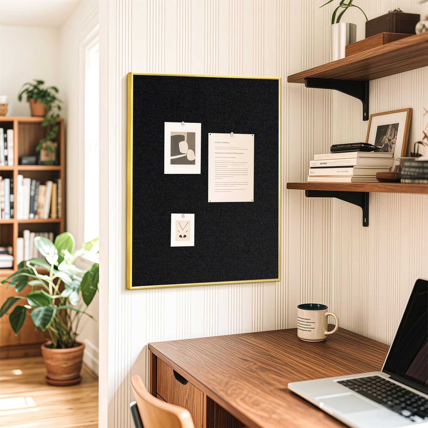 QUEENLINK Linen Bulletin Board 36" x 24", Black Fabric Pin Board with Gold Aluminum Frame, Decorative Vision Board for Home Office, Bedroom & Dorm Wall Decor, Includes 10 Push Pins