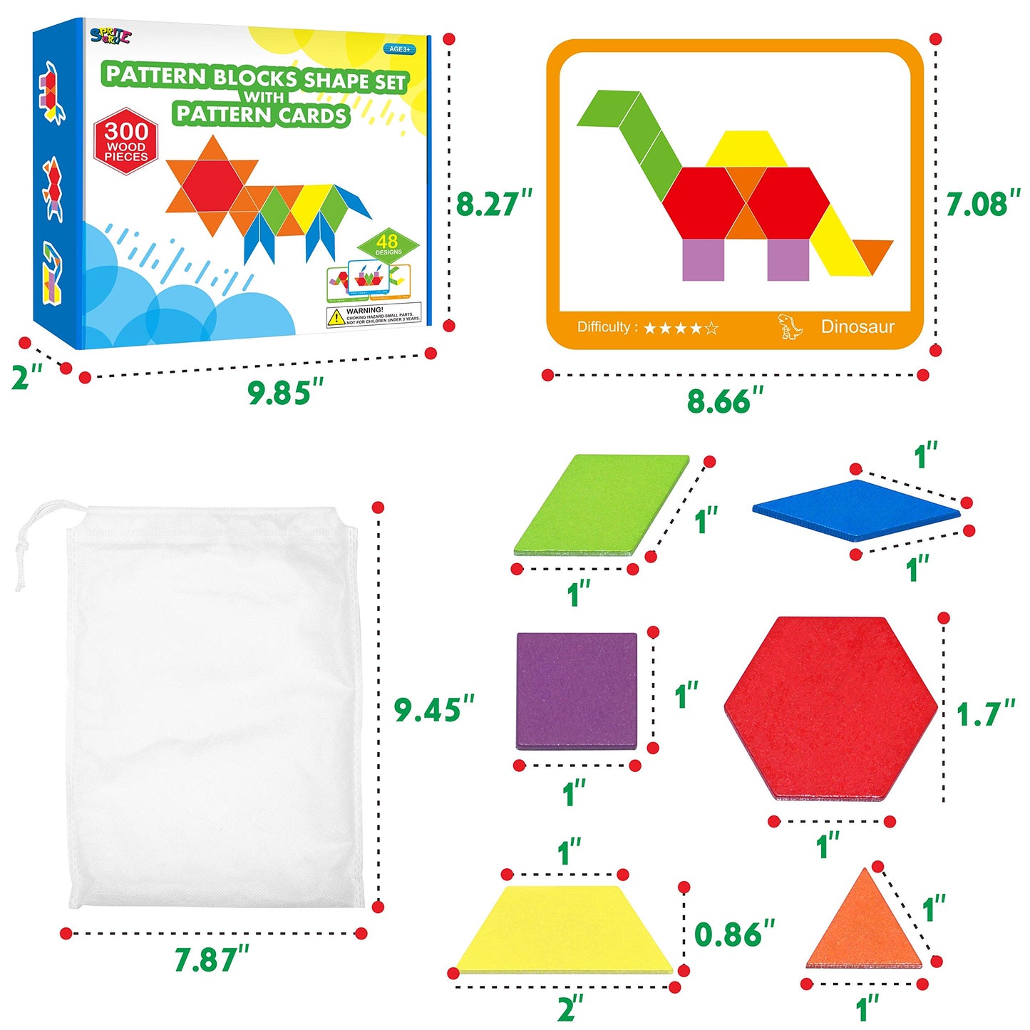 SpriteGru 300 PCS Wooden Pattern Blocks Set for Kids with 24 Double-Sided Design Cards(48 Patterns) and Storage Bag in Gift Box,Fun Montessori Learning Toys