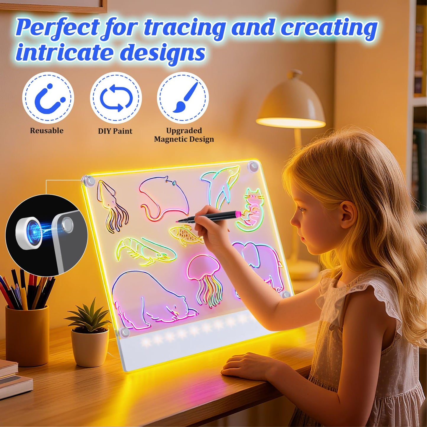 Rechargeable LED Drawing Board for Kids with Tracing Pages, Lumi Board Magnetic Light Up Acrylic Dry Erase Board, LED Note Board with 4 Magnets, Birthday Gifts Toy for Kids/Girls
