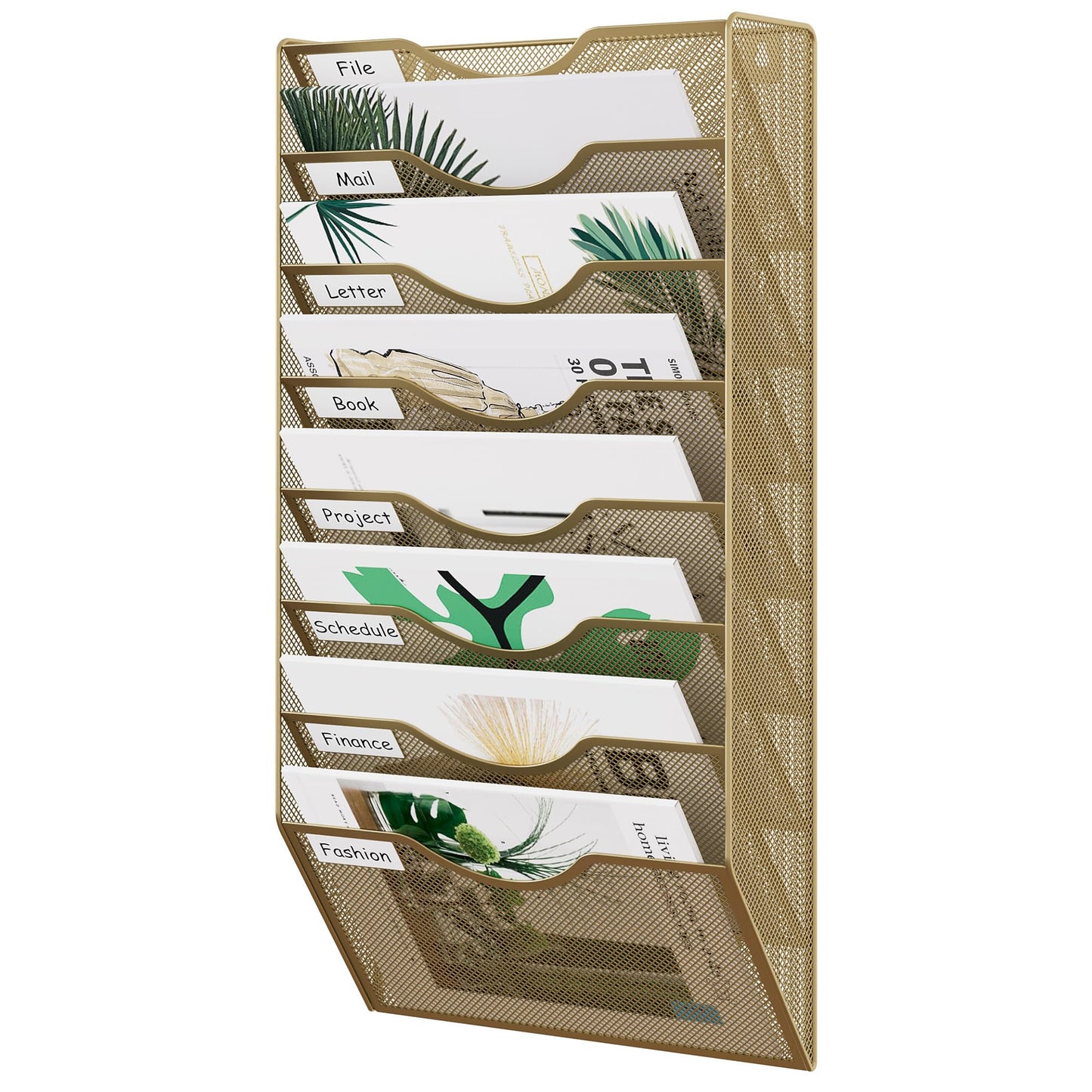EasyPAG 8 Pocket Mesh Wall File Organizer, Hanging Paper Folder Holder with Classify Label, Vertical Wall Mount Mail Organizer for Office Home Classroom, Gold