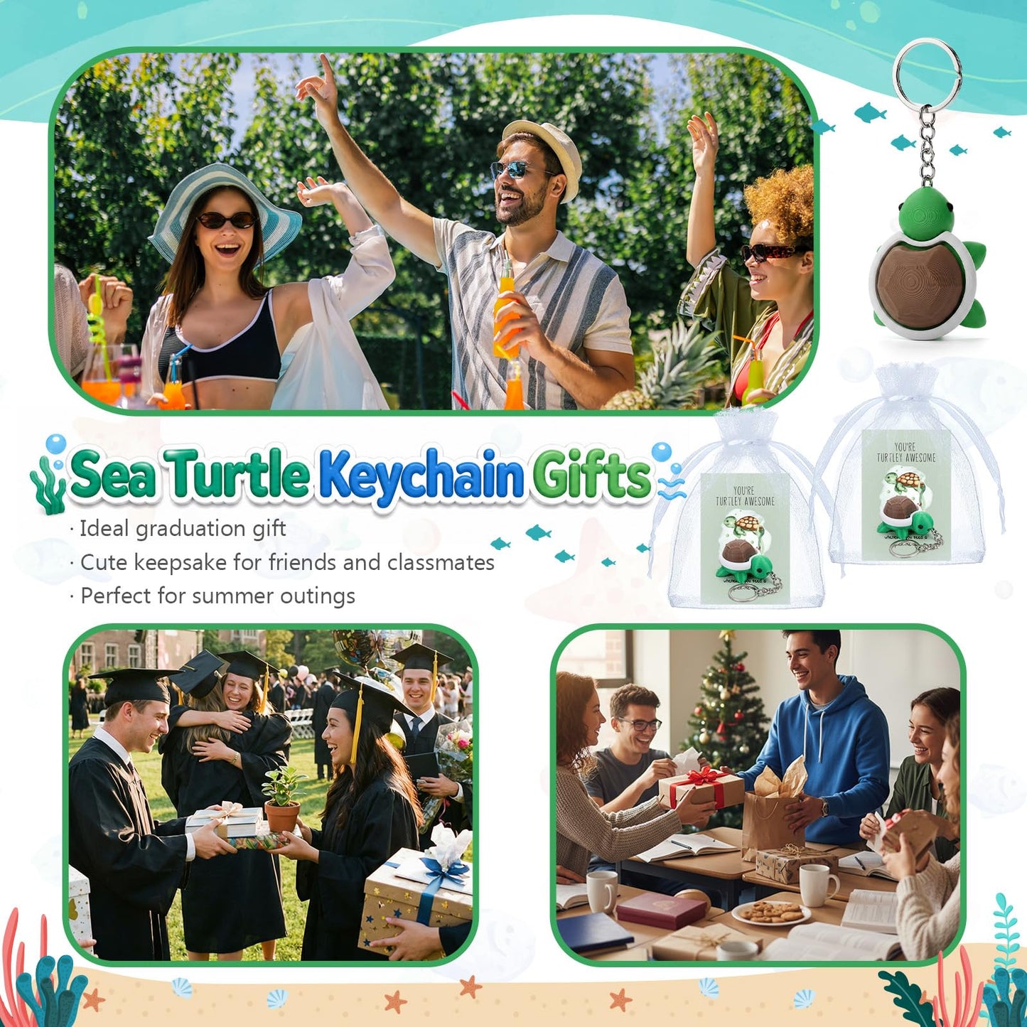 Junkin 24 Set Turtle Fidget Clicker Keychain 3D Printed Turtle Sensory Clicker Keychain Stress Relief with Inspirational Cards Employee Appreciation Gifts for Graduation Adult Coworkers Staff Team