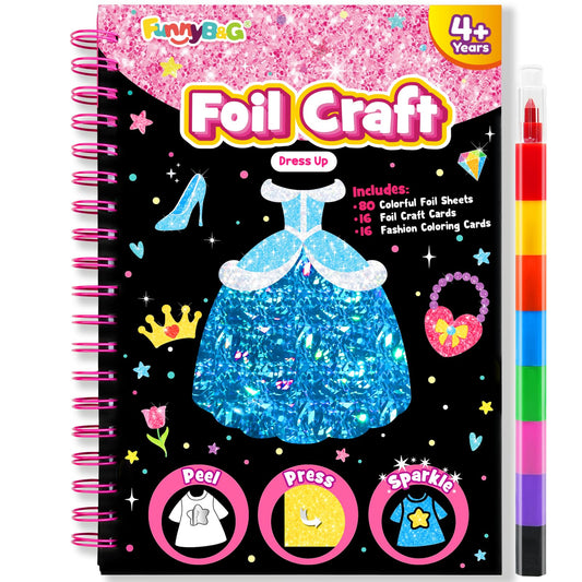 FUNNYB&G Foil Art Craft Kit for Girls 4-10 Years Old: Mess-Free & No-Glue, Create 16 Sparkly Dress Up Pictures – Perfect Travel Toy & Birthday Gift for Kids (Dress Up)