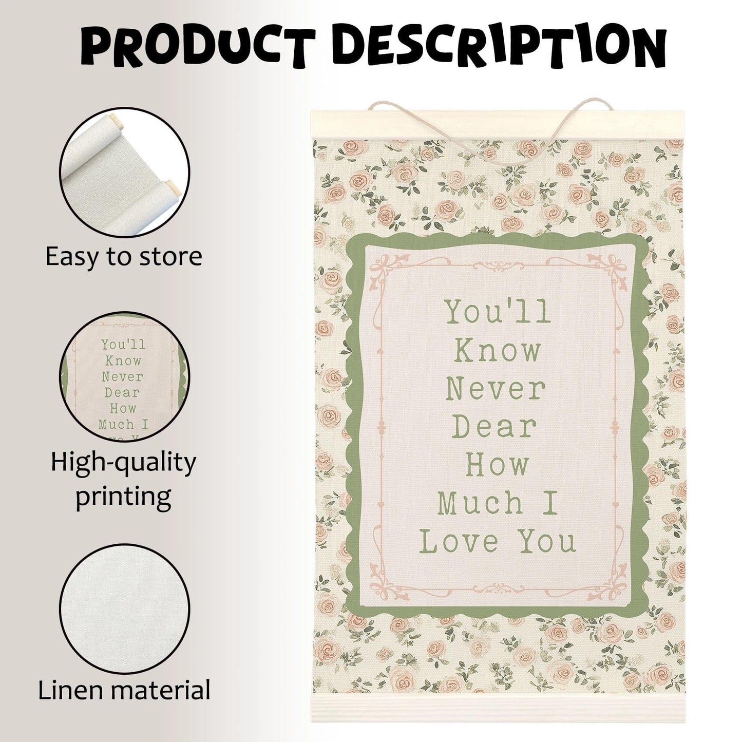 LKETW Girl Nursery Floral Poster Hanger Frame 12x16 Inch, Wildflower Nursery Wall Art Posters for Bedroom, You'll Never Know Dear How Much I Love You Hanging Banner Decor for Girls Room Dorm