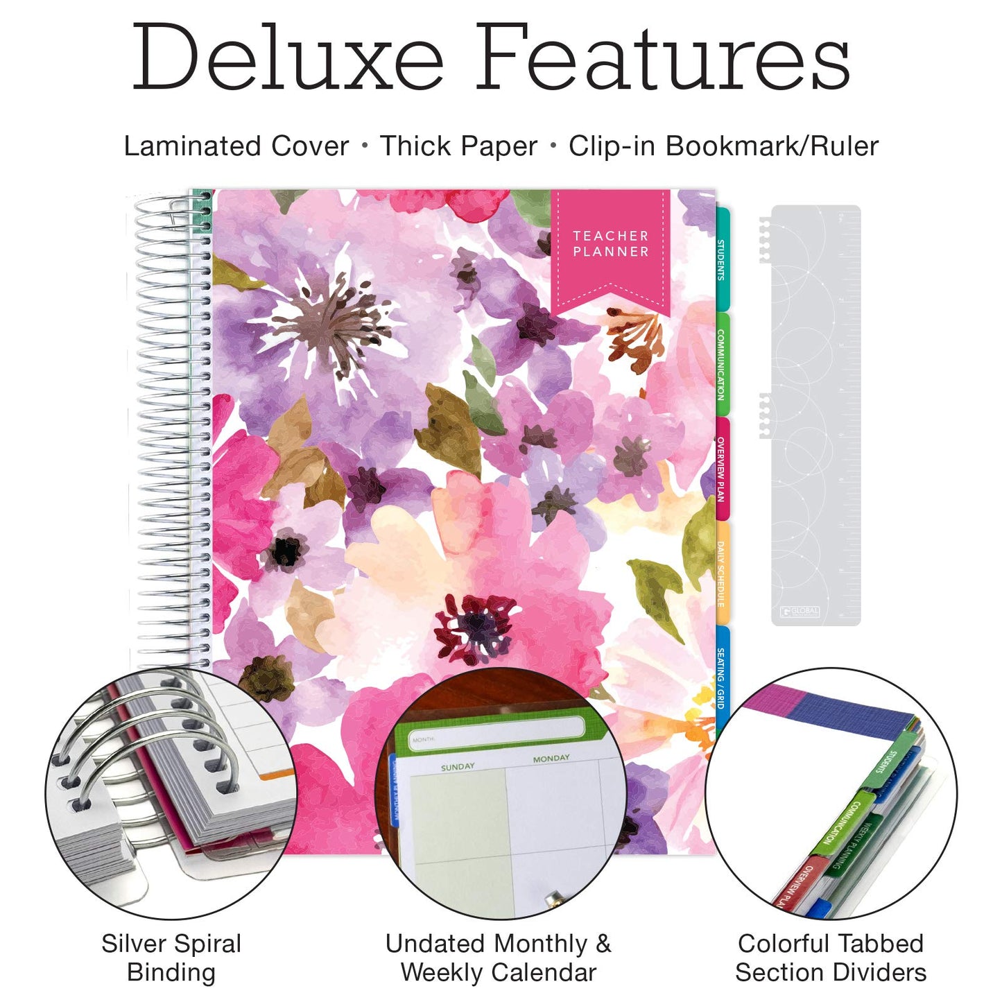 Elan Publishing Company DELUXE Undated Teacher Planner: 8.5x11 Includes 7 Periods, Page Tabs, Bookmark, Planning Stickers, Pocket Folder Daily Weekly Monthly Planner Yearly Agenda (Spring Floral)