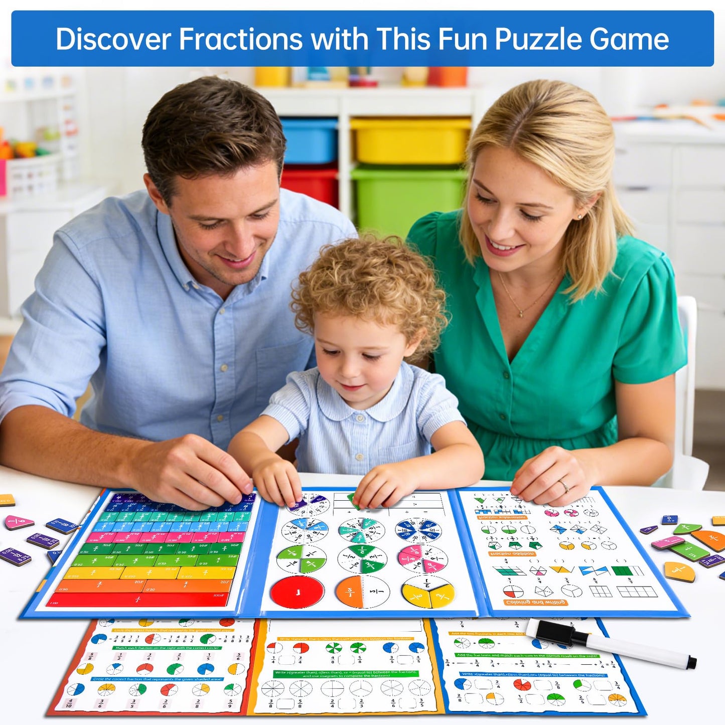 Magnetic Fraction Tiles & Circles Montessori Set for Elementary Kids - Hands-On Math Manipulatives with Activity Book - Learn Fractions, Decimals, Percentages