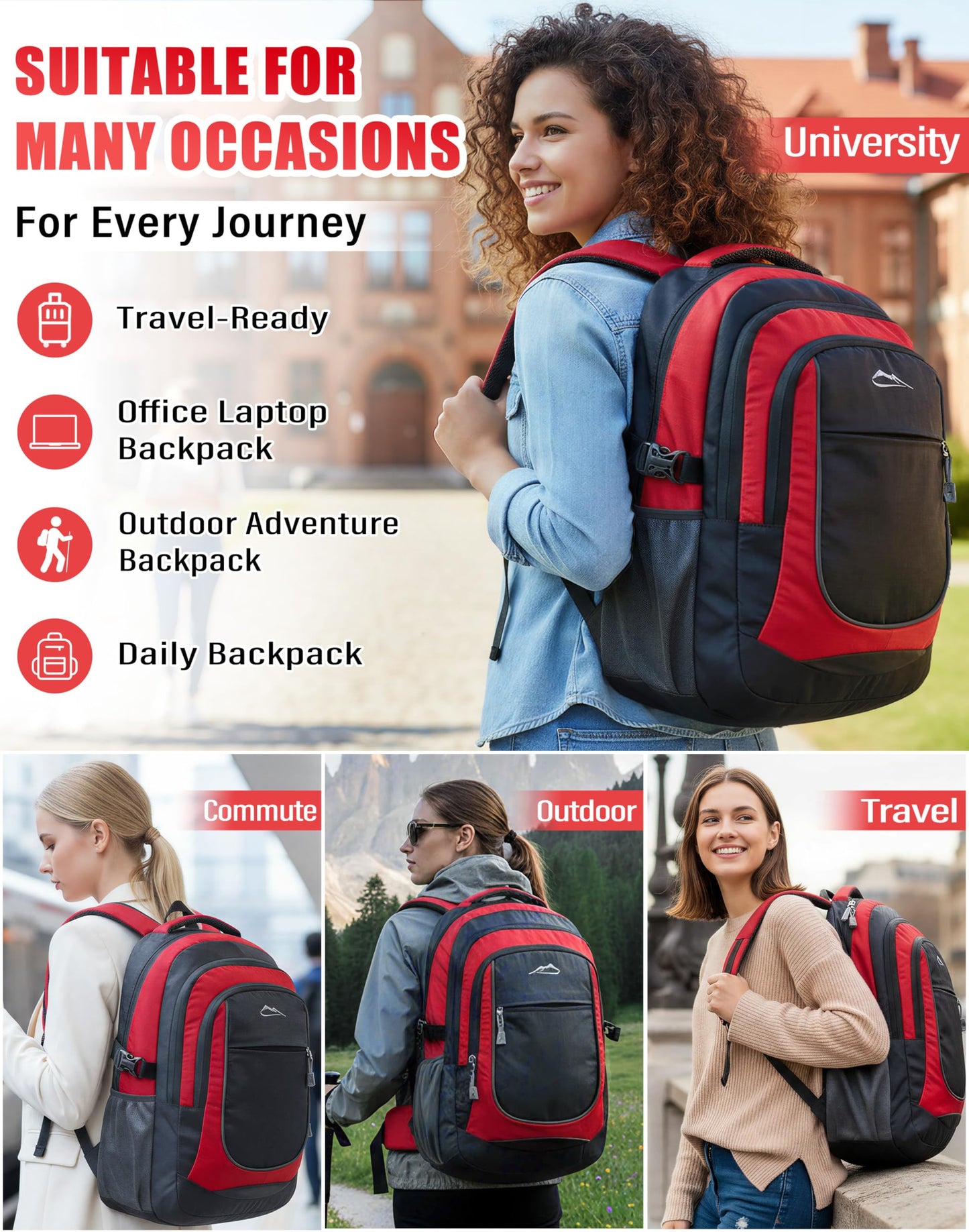 ProEtrade Backpack Bookbag for College Sturdy Travel Business Hiking Fit Laptop Up to 15.6 Inch Multi Compartment Gifts for Men Women Night Light Reflective (red)