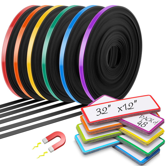 Tellegloww 6 Rolls 1/4" Magnetic Whiteboard Tape Set 33ft Magnetic Tape Roll Thin Strips Borders for Classroom Whiteboard with 48pcs Dry Erase Labels for Classroom School Office Home Students