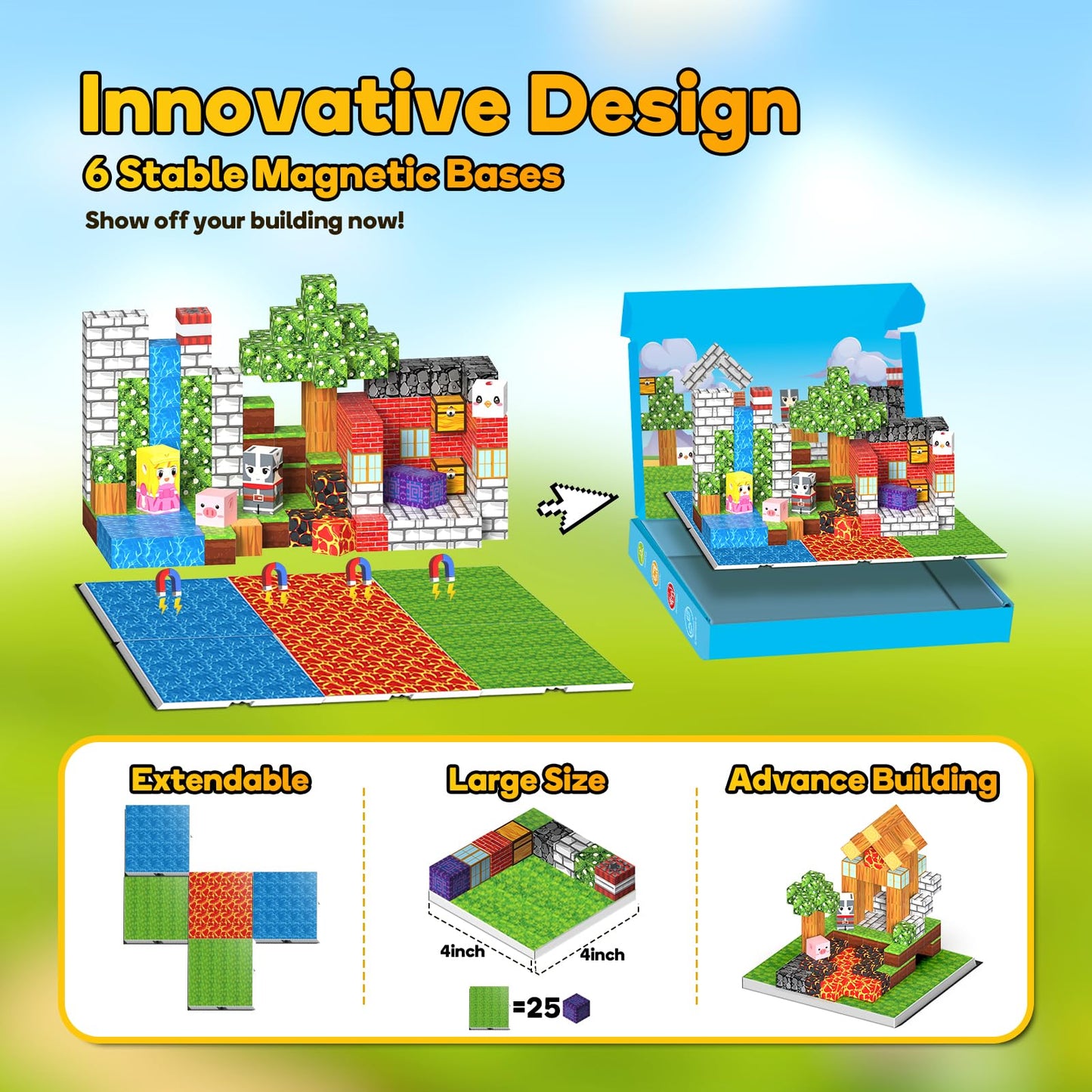 150PCS Magnetic Building Blocks - 6 Big Magnetic Base Building STEM Toys, Magnet Cube Game for Kids, Build Mine Castle Volcano World for Boys Girls Age 3-5 4-8 8-12, Sensory Outdoor Travel Toys Gifts