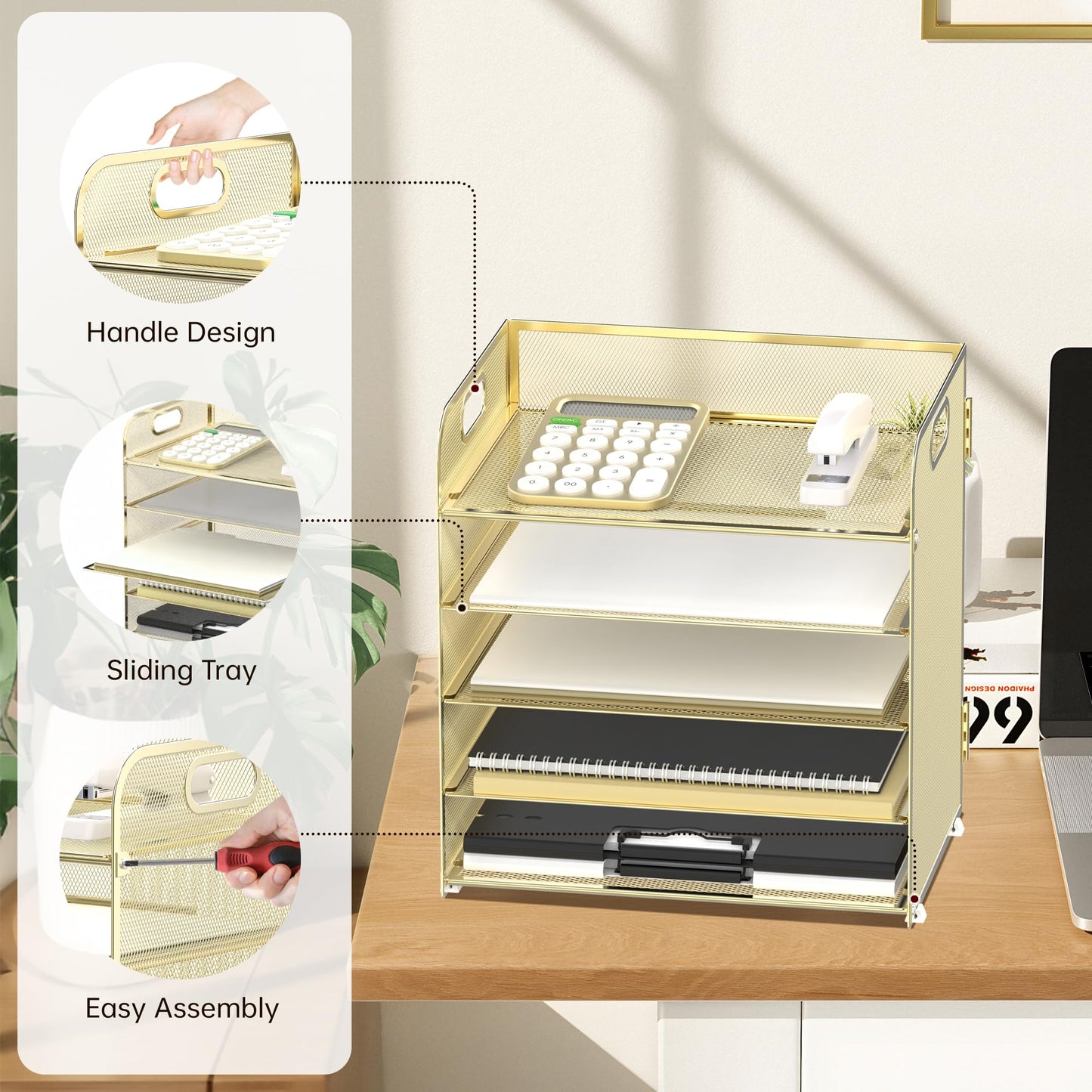 Supeasy 5 Trays Paper Organizer Letter Tray with Handle-Mesh Desk File Organizer, Paper Sorter Desk Organizer for Office, Home or School (Golden)