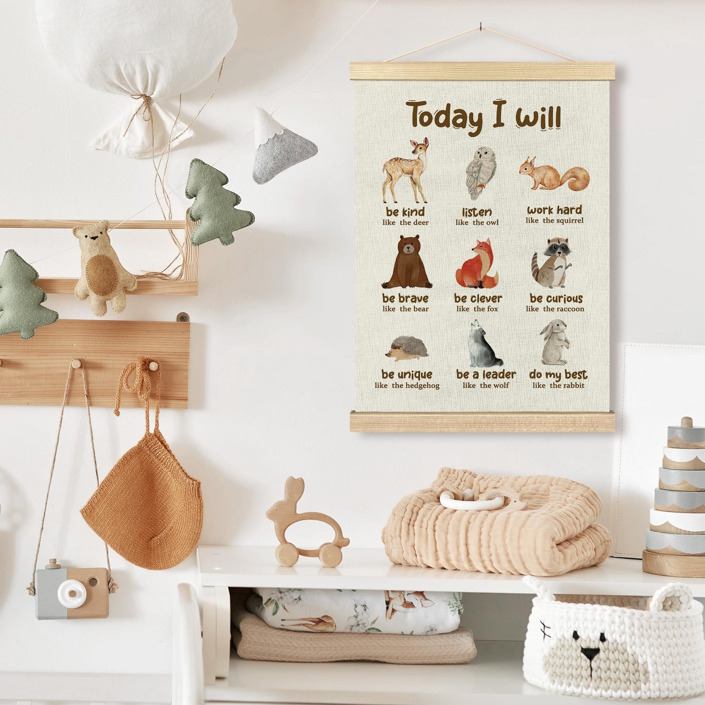BCUANGD Positive Affirmations Wall Decor - Inspirational Woodland Animals Wall Art Poster Hanger with Wood Frames, Neutral Mental Health Wall Hanging Canvas Decor for Home Kids Room, 12x16 Inches