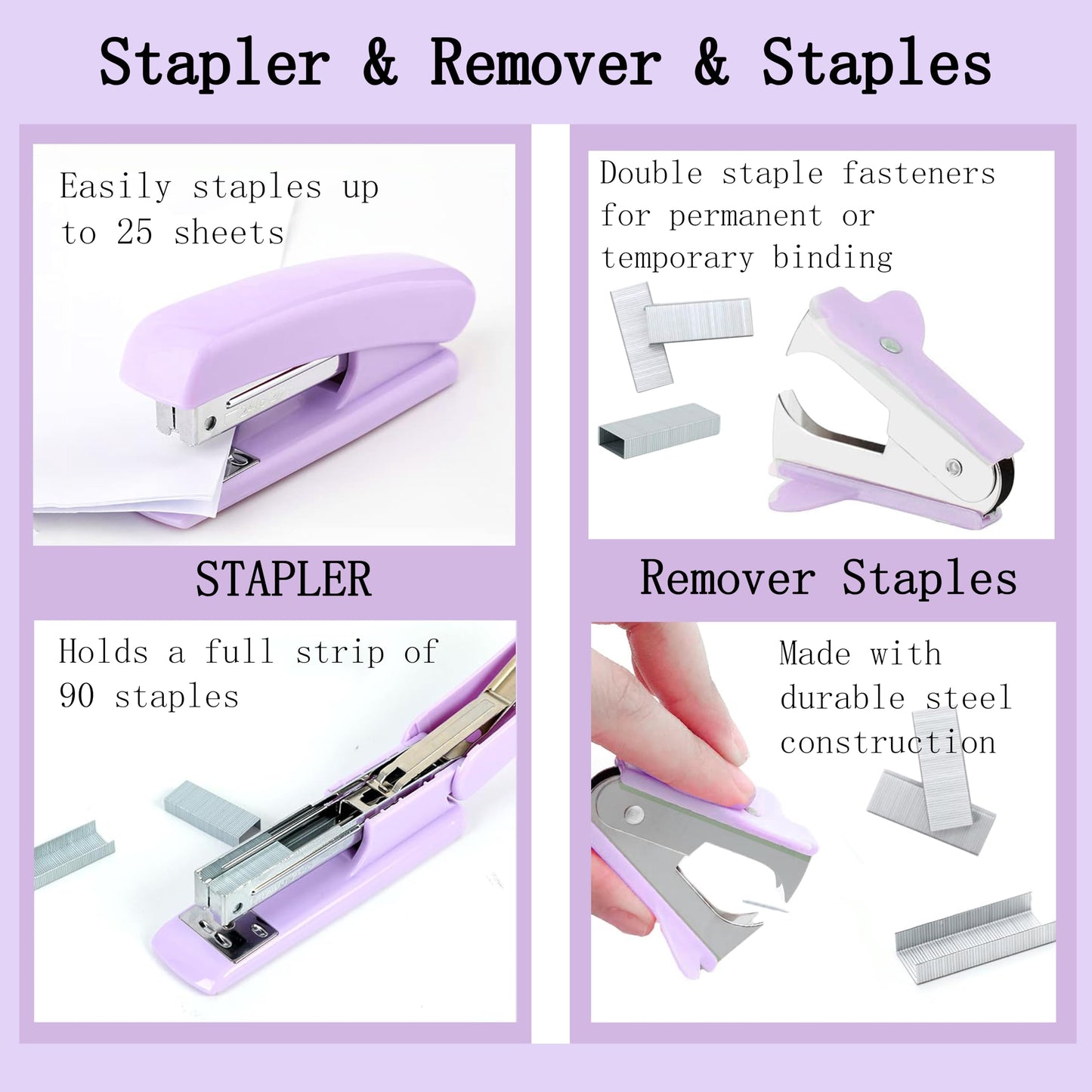Dimonluce Purple Desk Accessories, Purple Office Supplies Accessories with Tape Dispenser, Stapler, Staple Remover, 1000 Staples, Tape, Clips Set, Ruler, Scissor, Pen