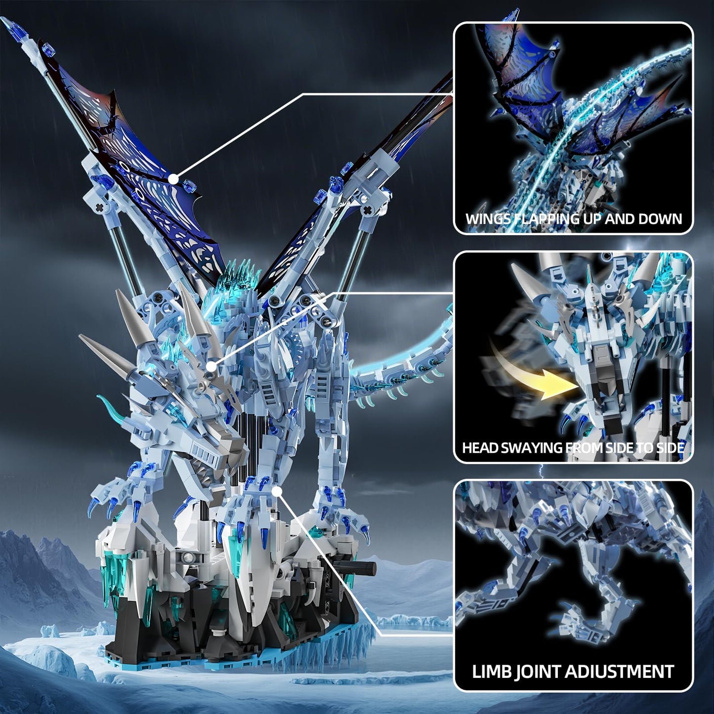Myth Qholve Mechanical Dark Ice Dragon Building Block Set with Motor & Hand Crank Motion Movable Head, Wings & Limbs Fantasy Dragon Model Kit for Teens & Adults