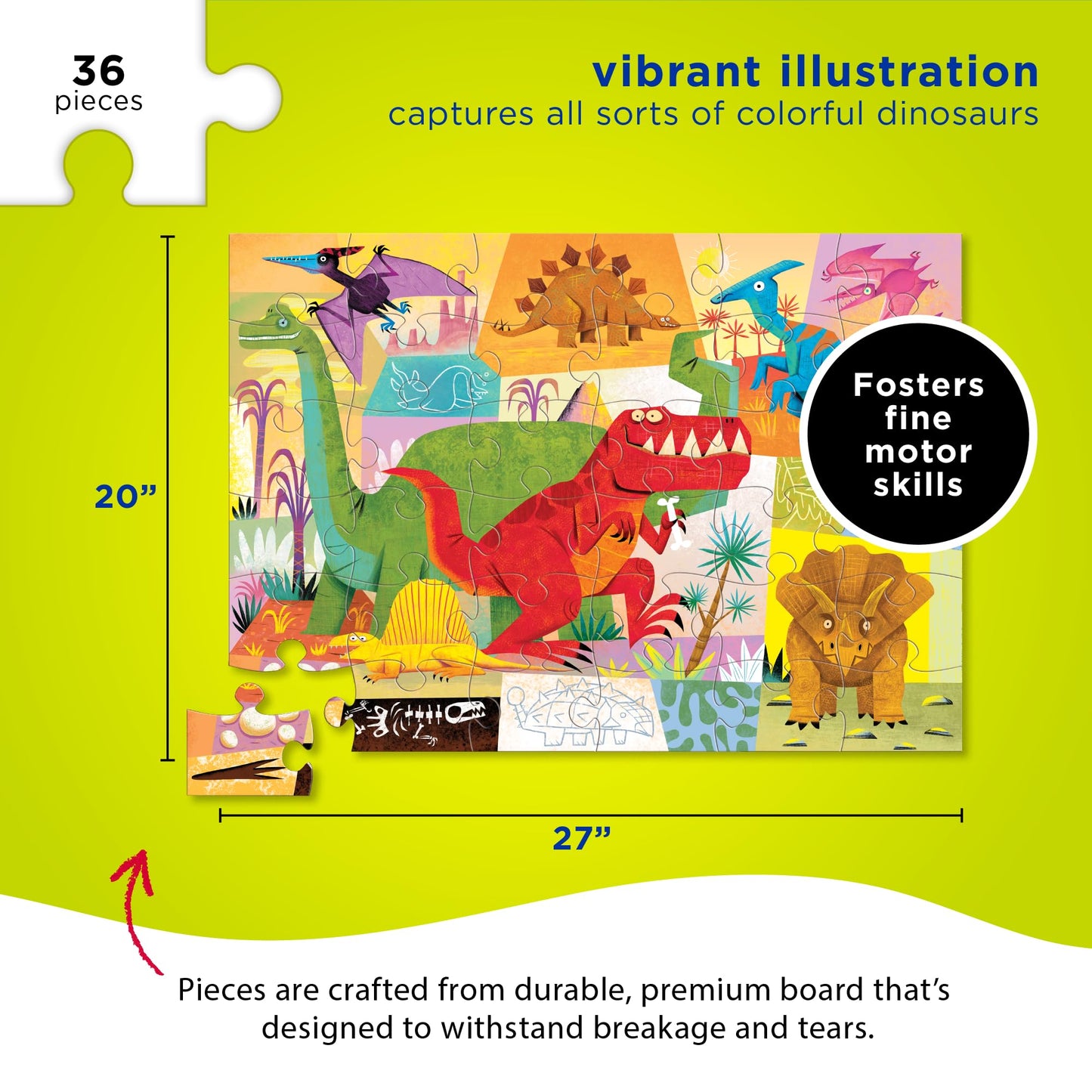Crocodile Creek 36-Piece Jigsaw Floor Puzzle - Fun Floor Puzzles for Kids Ages 3-5 - Heavy-Duty Shaped Box for Storage - Dinosaur - 24" W x 18" H Finished