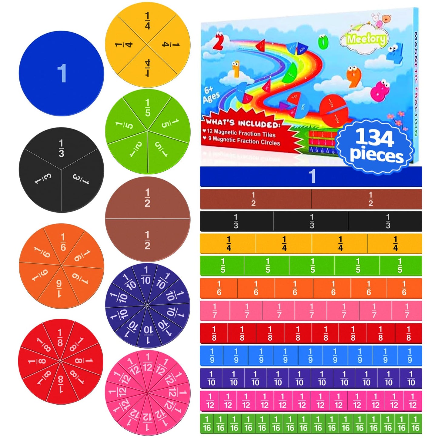 Meetory 134 Pcs Magnetic Fraction Tiles & Fraction Circles - Math Manipulatives for Preschool Elementary School Educational Resources Classroom Educational Kit